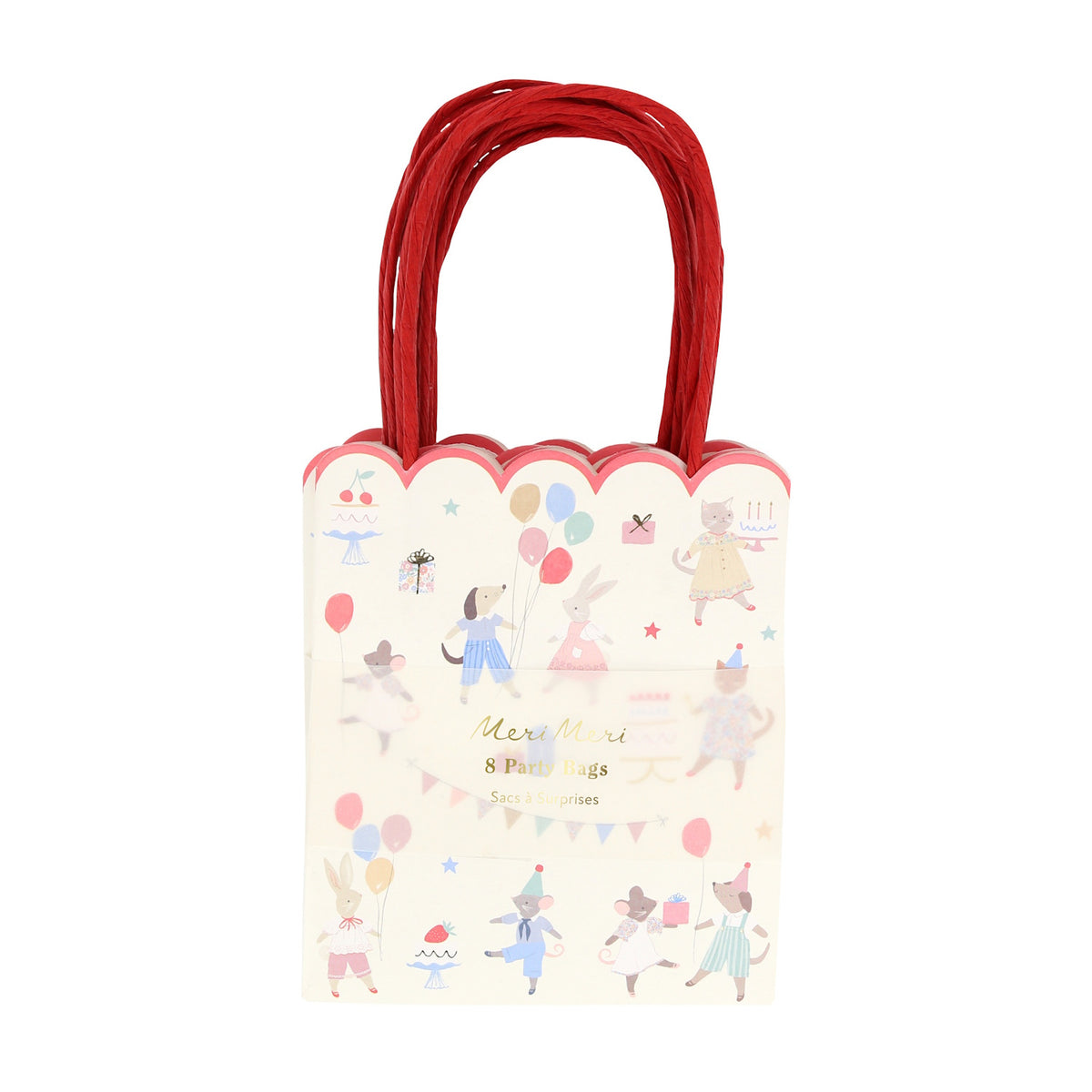Meri Meri Animal Friends party bags with red handles, featuring illustrated cats, dogs, and bunnies with balloons.