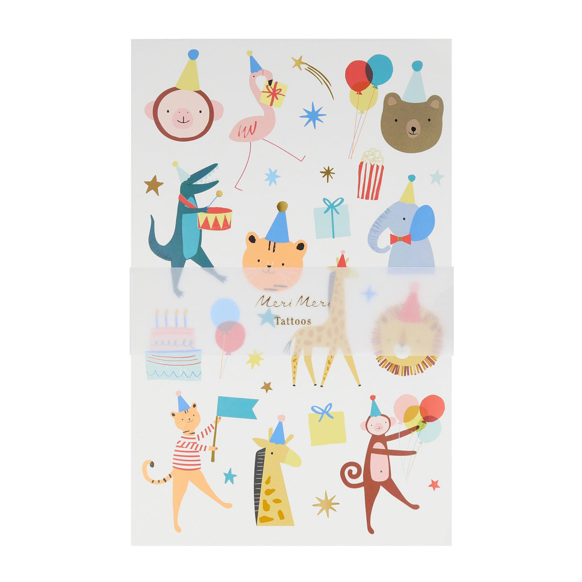Meri Meri animal parade temporary tattoos featuring colorful party animals like lions, elephants, and monkeys on two sheets.