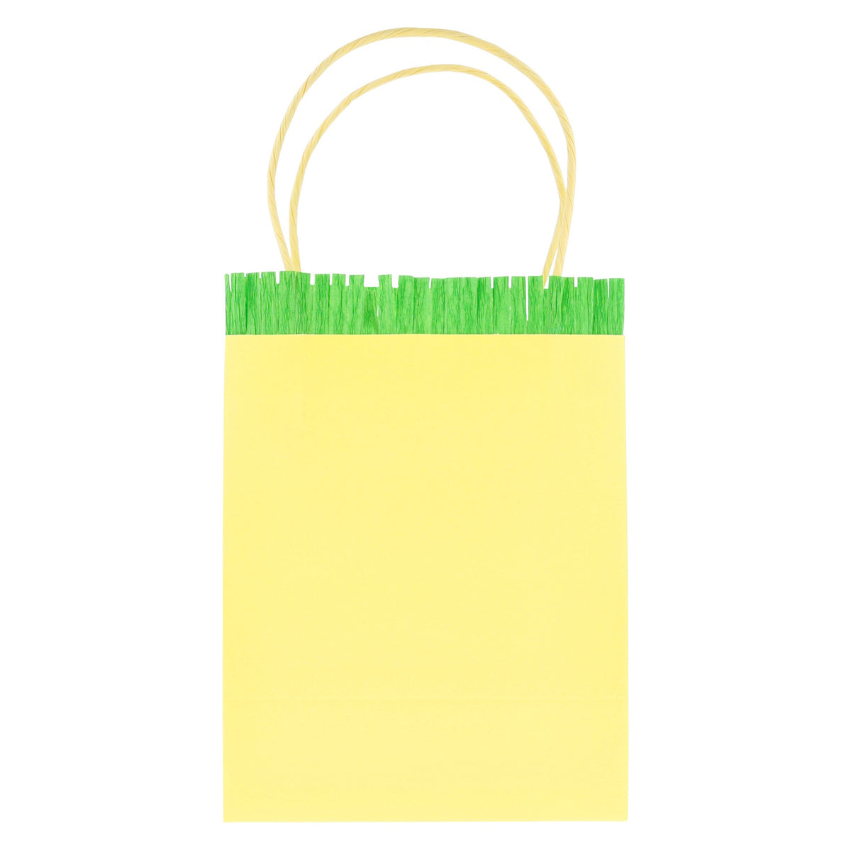 Yellow paper party gift bag with green fringed crepe paper trim and twisted paper handles.