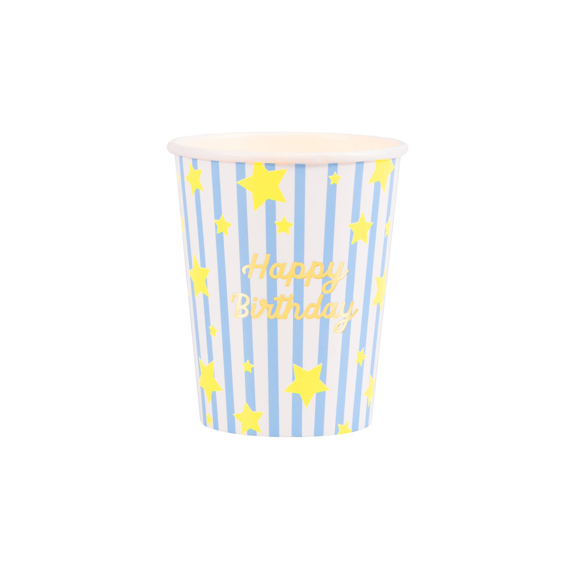 Meri Meri bright star Happy Birthday paper cup with blue and white stripes, yellow stars, and gold foil lettering.