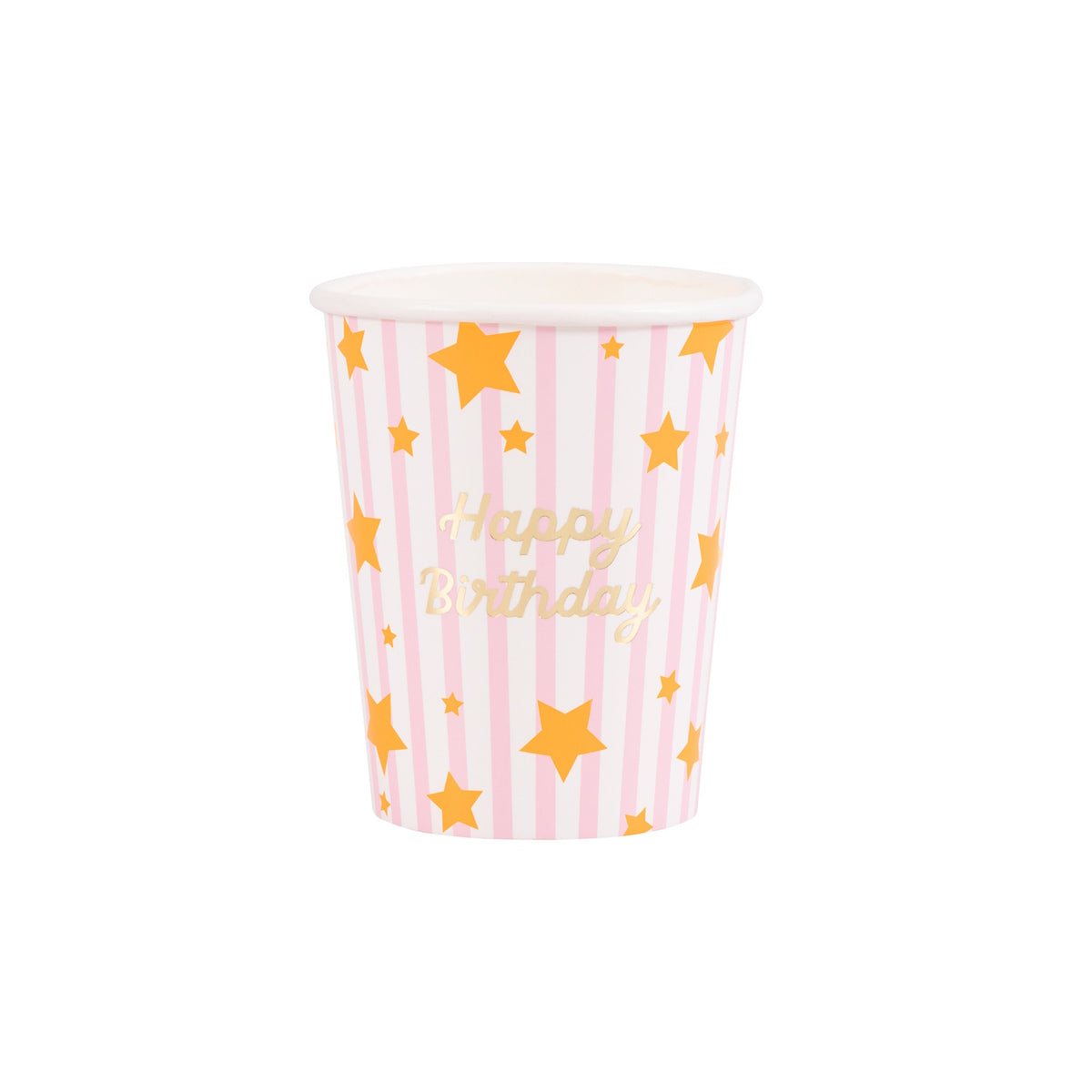 Meri Meri pink striped Happy Birthday paper cup with gold foil stars and script on a white background.