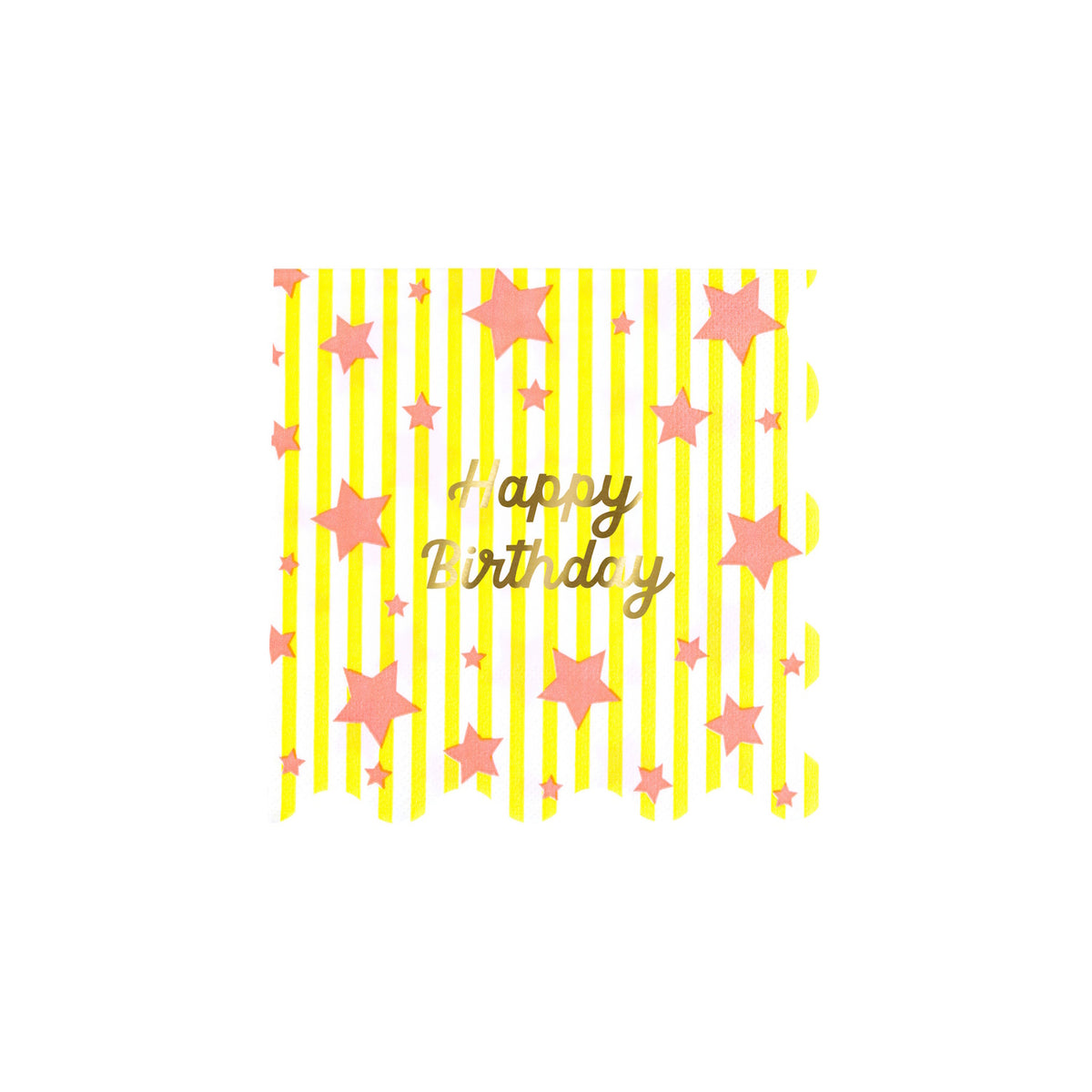 Meri Meri Bright Star Happy Birthday napkin with yellow stripes, pink stars, gold foil text, and scalloped edges.