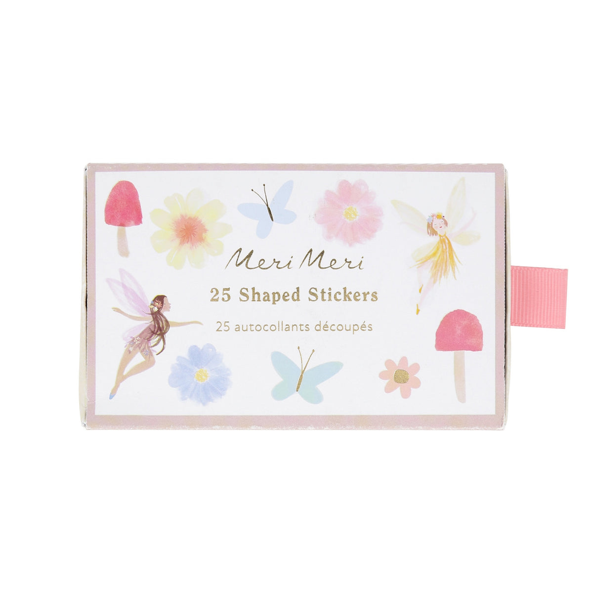 Meri Meri fairy shaped stickers box featuring pastel illustrations of fairies, flowers, butterflies, and mushrooms.