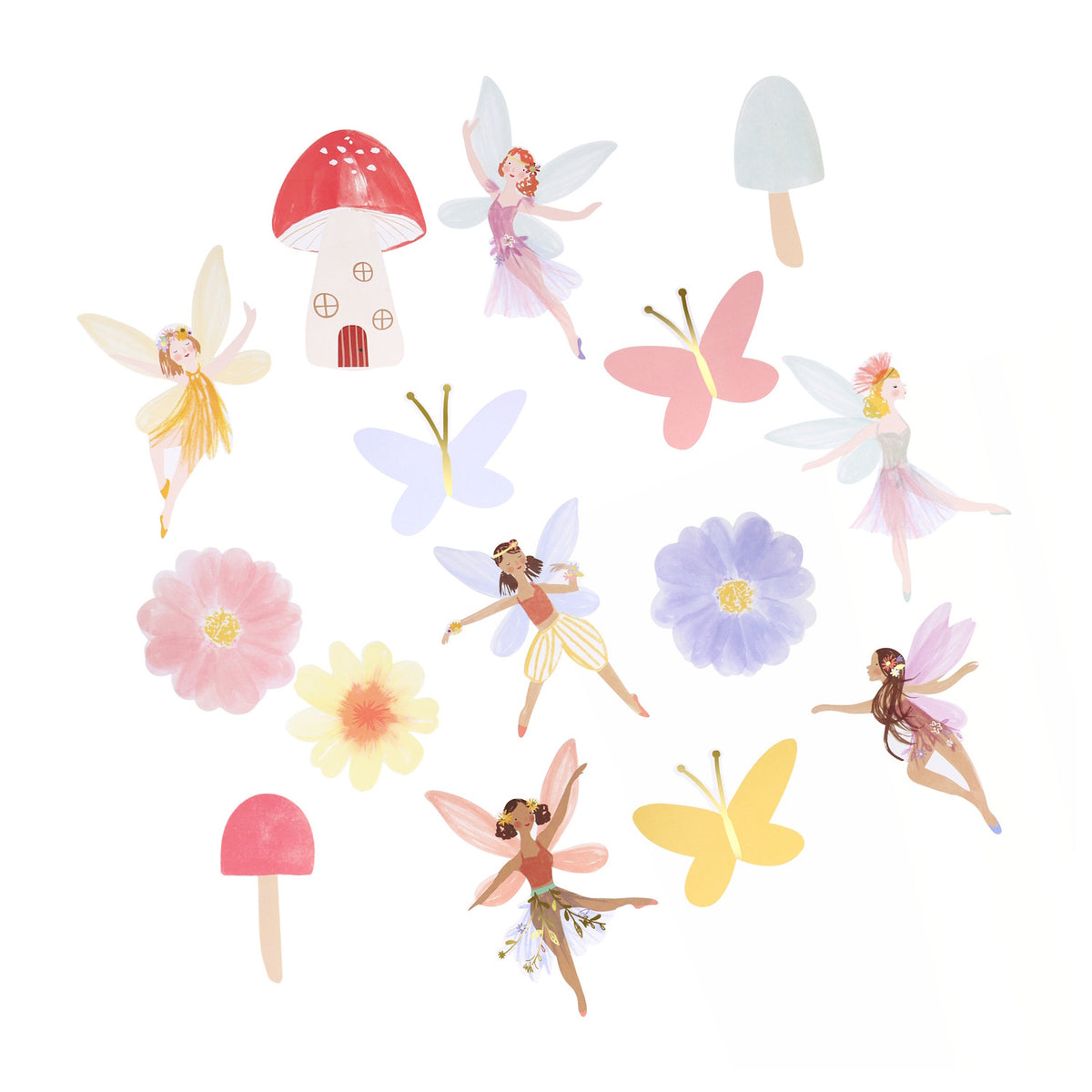 Whimsical fairy sticker set featuring pastel fairies, colorful butterflies, floral illustrations, and mushroom houses.