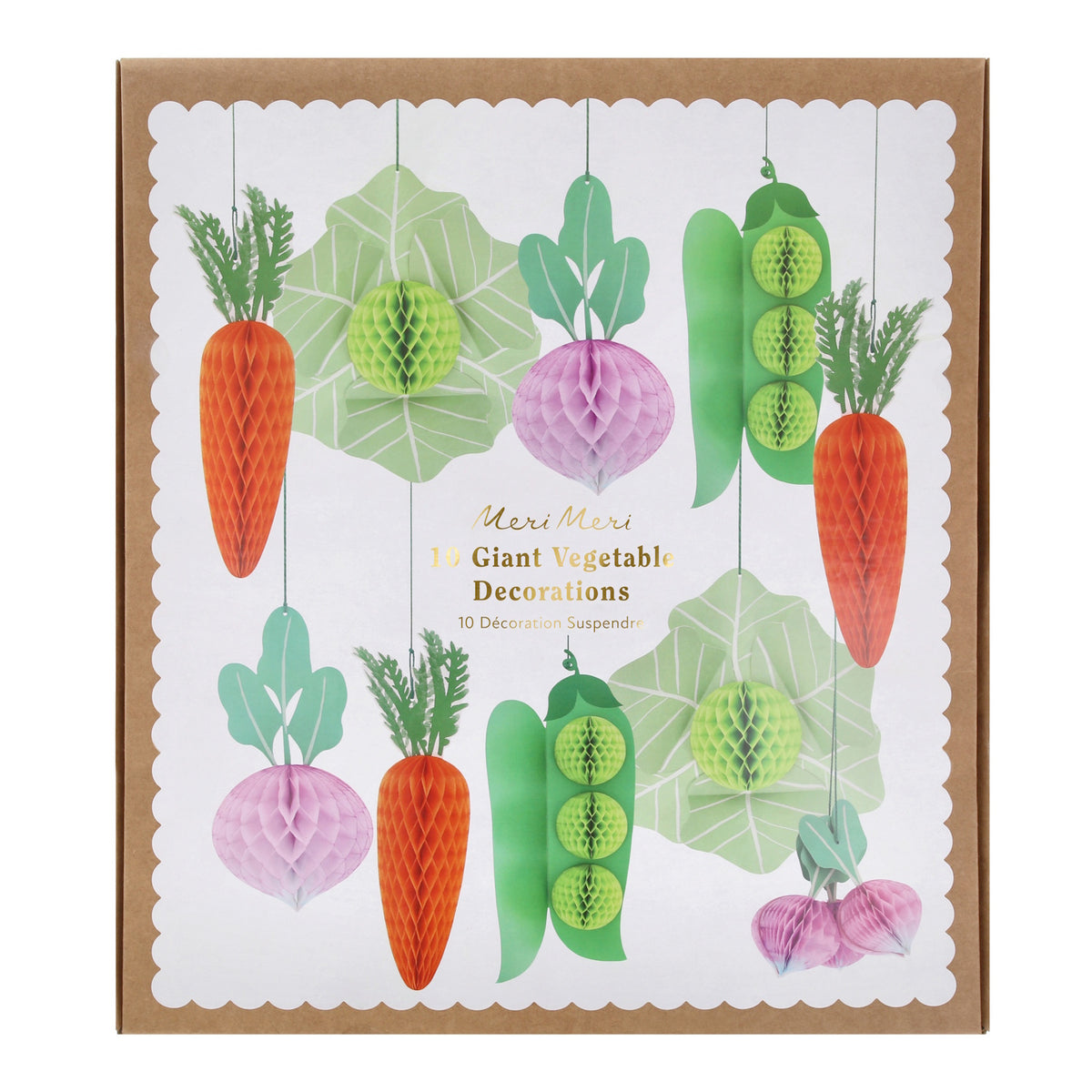 Meri Meri packaging for 10 giant vegetable honeycomb decorations, featuring carrots, peas, and radishes.