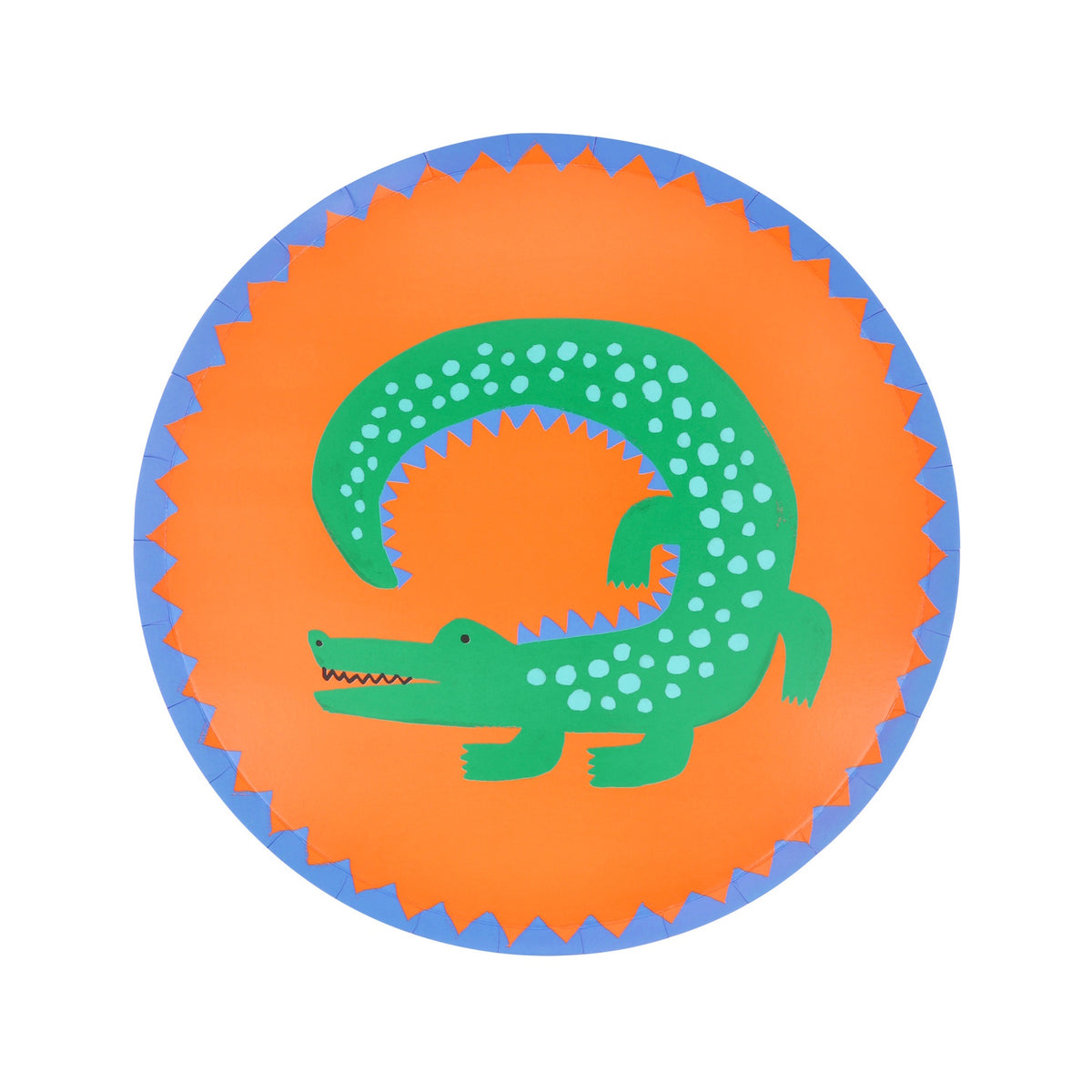 Green crocodile paper side plate with blue spots on an orange background, featuring a blue scalloped border.