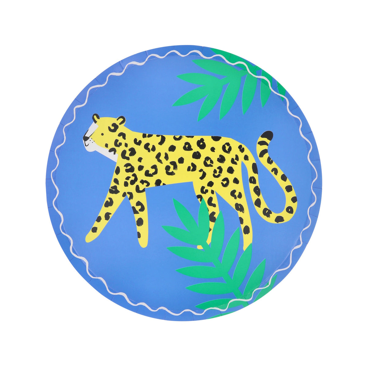 Meri Meri Jungle Jamboree leopard paper party plate with blue background and green palm leaves.