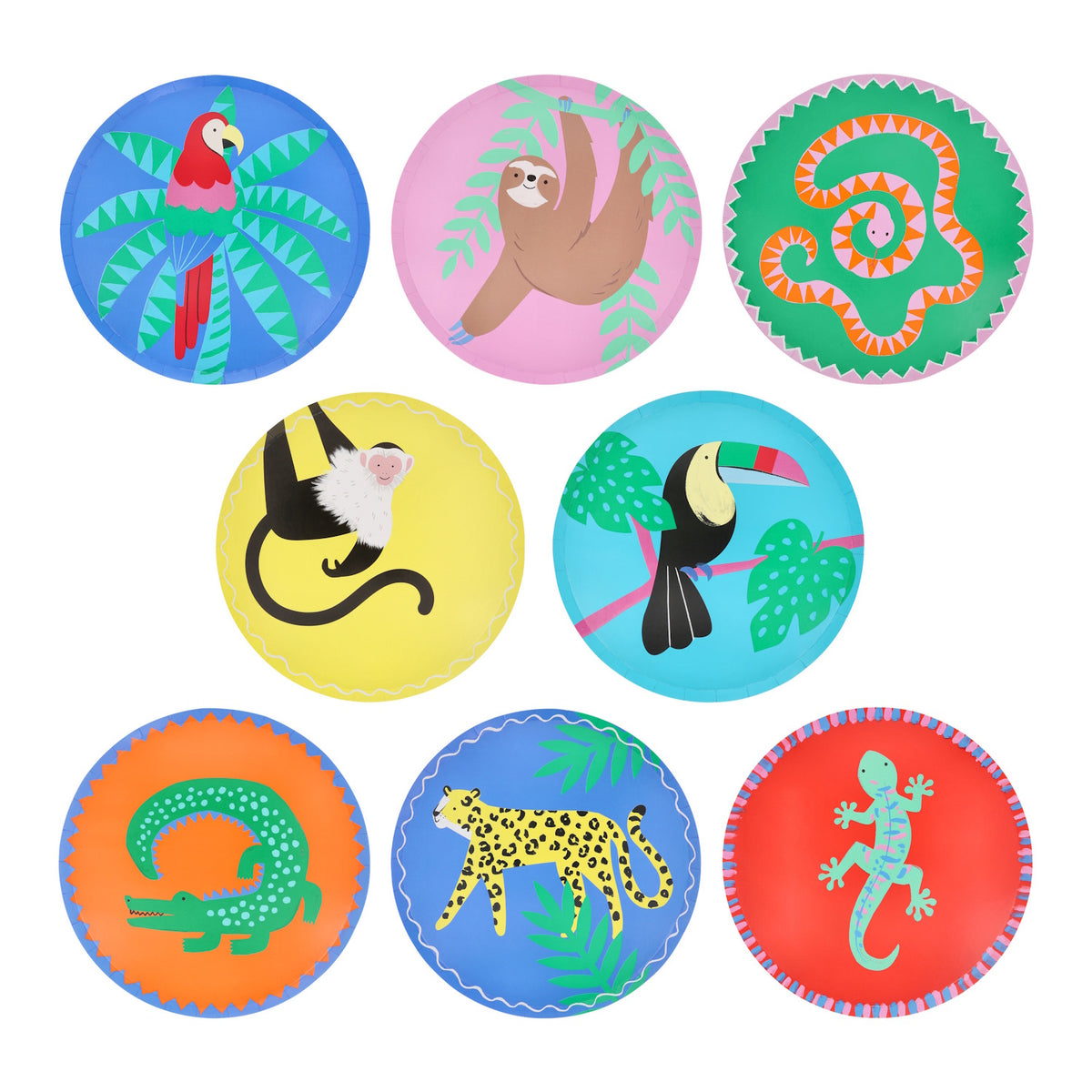 Set of 8 Meri Meri Jungle Jamboree paper side plates featuring colorful illustrations of jungle animals on vibrant backgrounds.