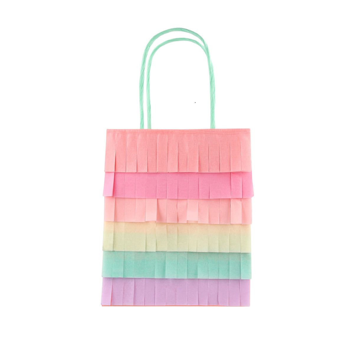 Rainbow fringed paper party bag with pastel tissue paper layers and mint green handles.