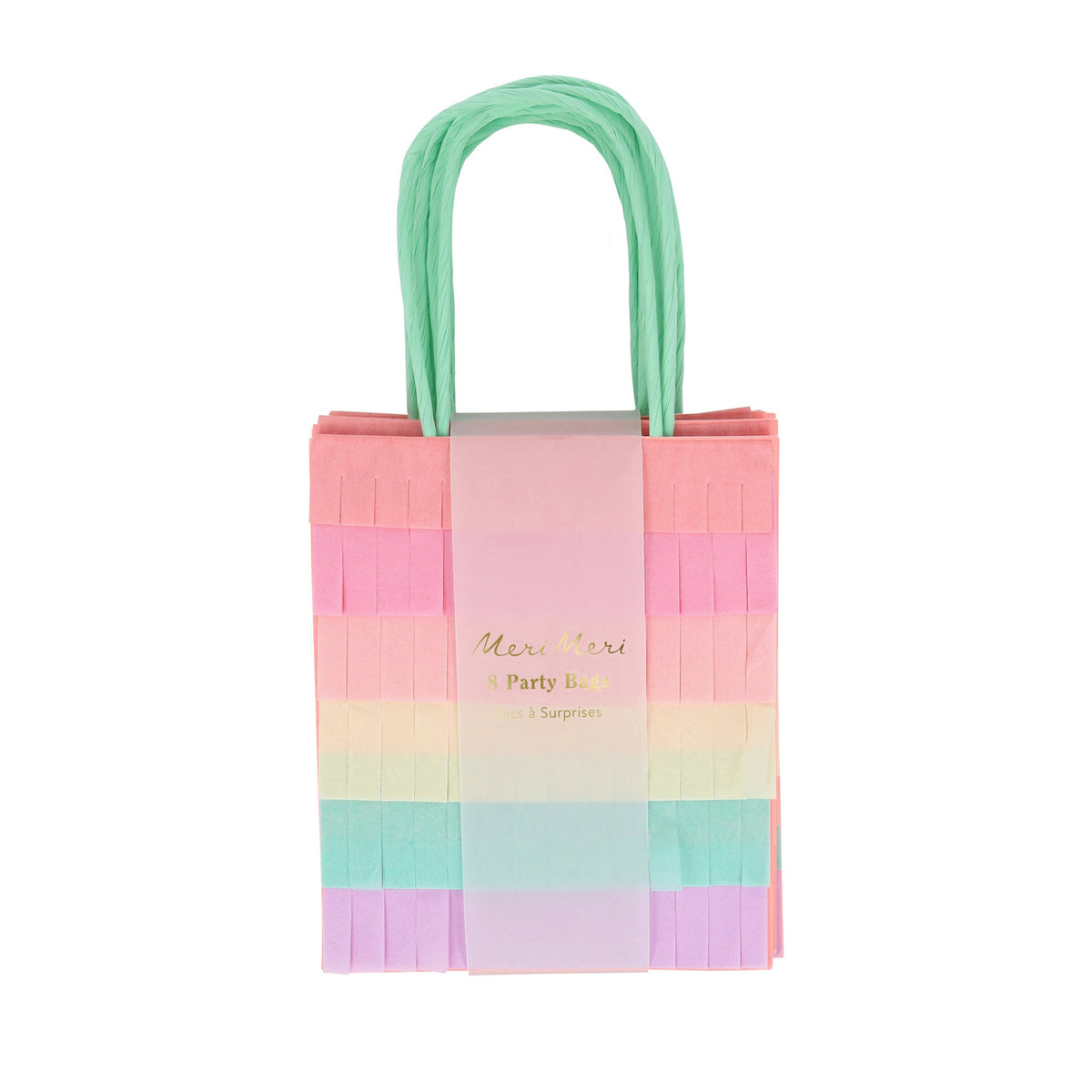 Meri Meri pastel rainbow fringe party bags with mint green handles, set of 8. Ideal for unicorn and meadow themed parties.
