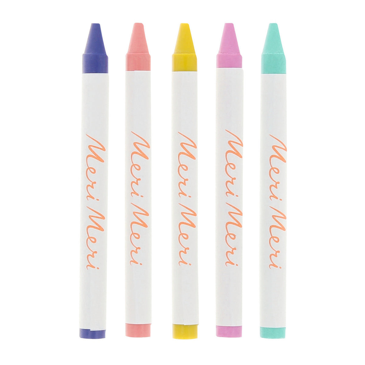 Five Meri Meri crayons in blue, peach, yellow, pink, and mint green colors for creative mermaid coloring activities.