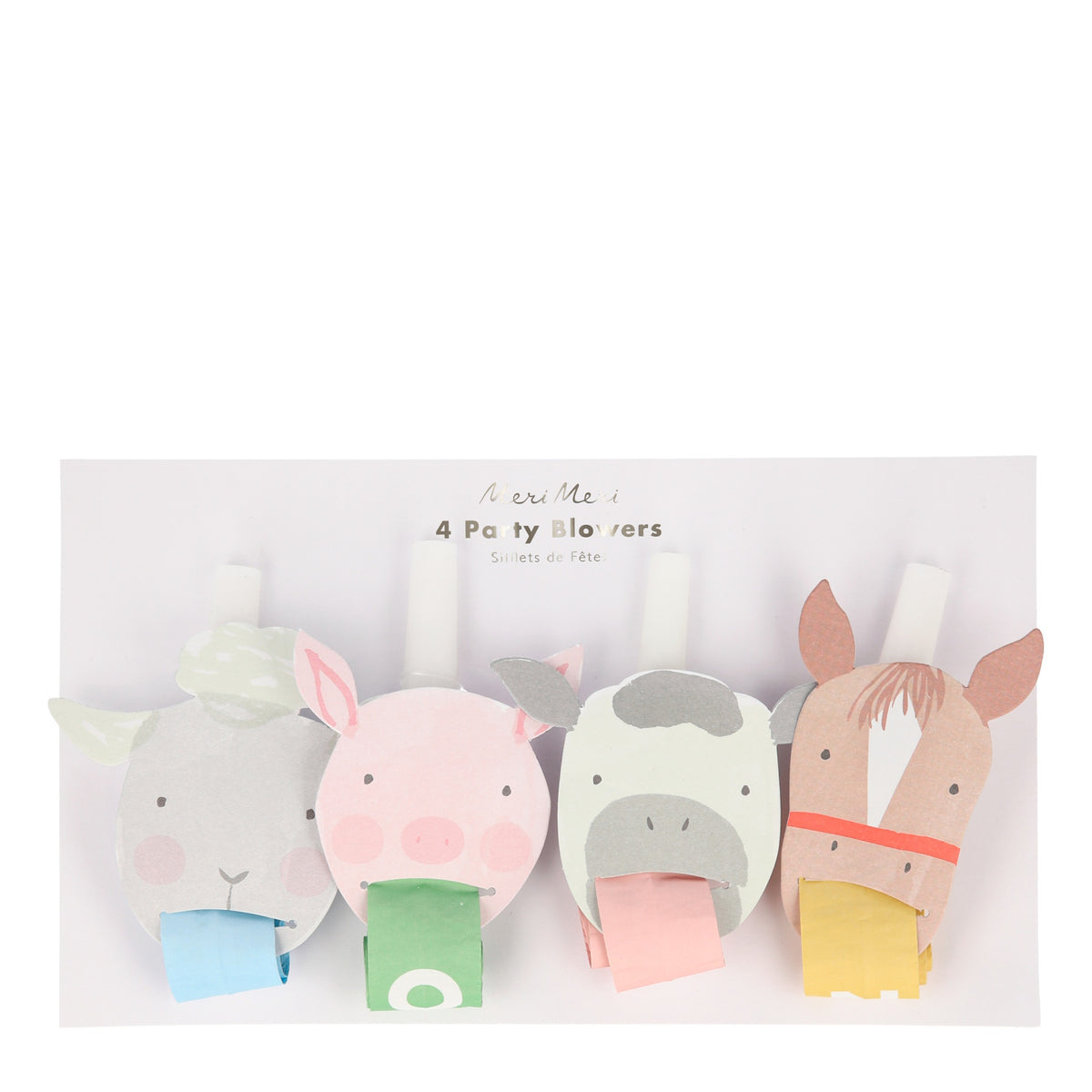 Meri Meri farm animal party blowers featuring a sheep, pig, cow, and horse. Perfect for a kids' farm-themed birthday.