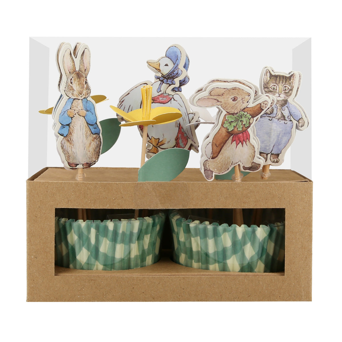 Meri Meri Peter Rabbit in the Garden cupcake kit featuring character toppers and green gingham liners in a craft box.