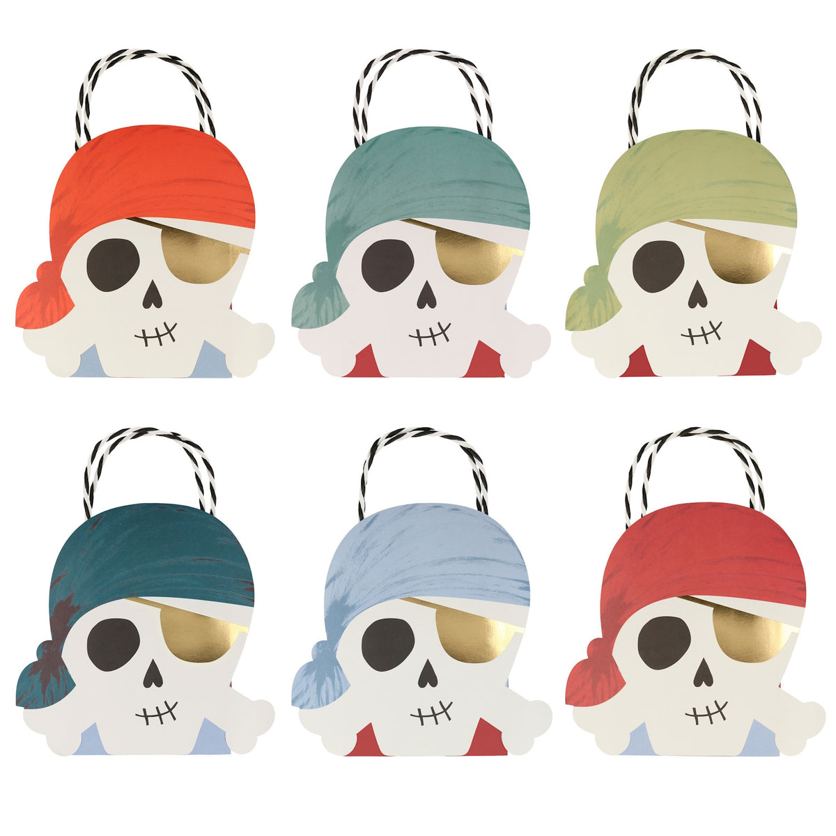Six pirate skull party bags with colorful bandanas and gold eye patches for kids' birthday party favors and treats.