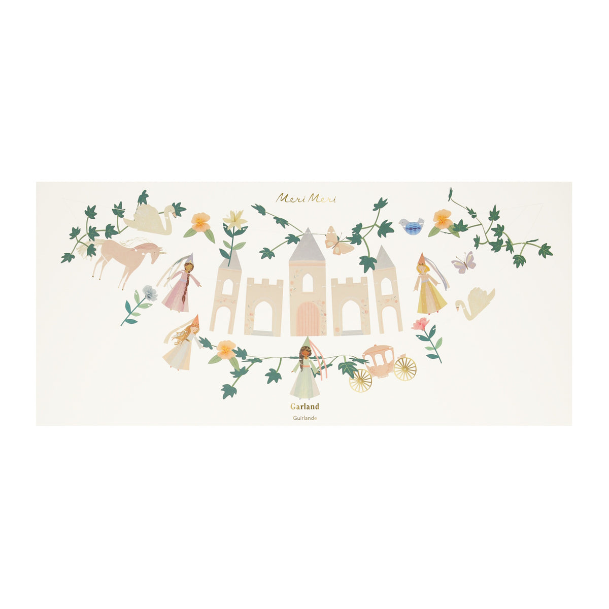 Meri Meri princess party garland featuring a paper castle, princesses, unicorns, and flowers on a decorative vine.
