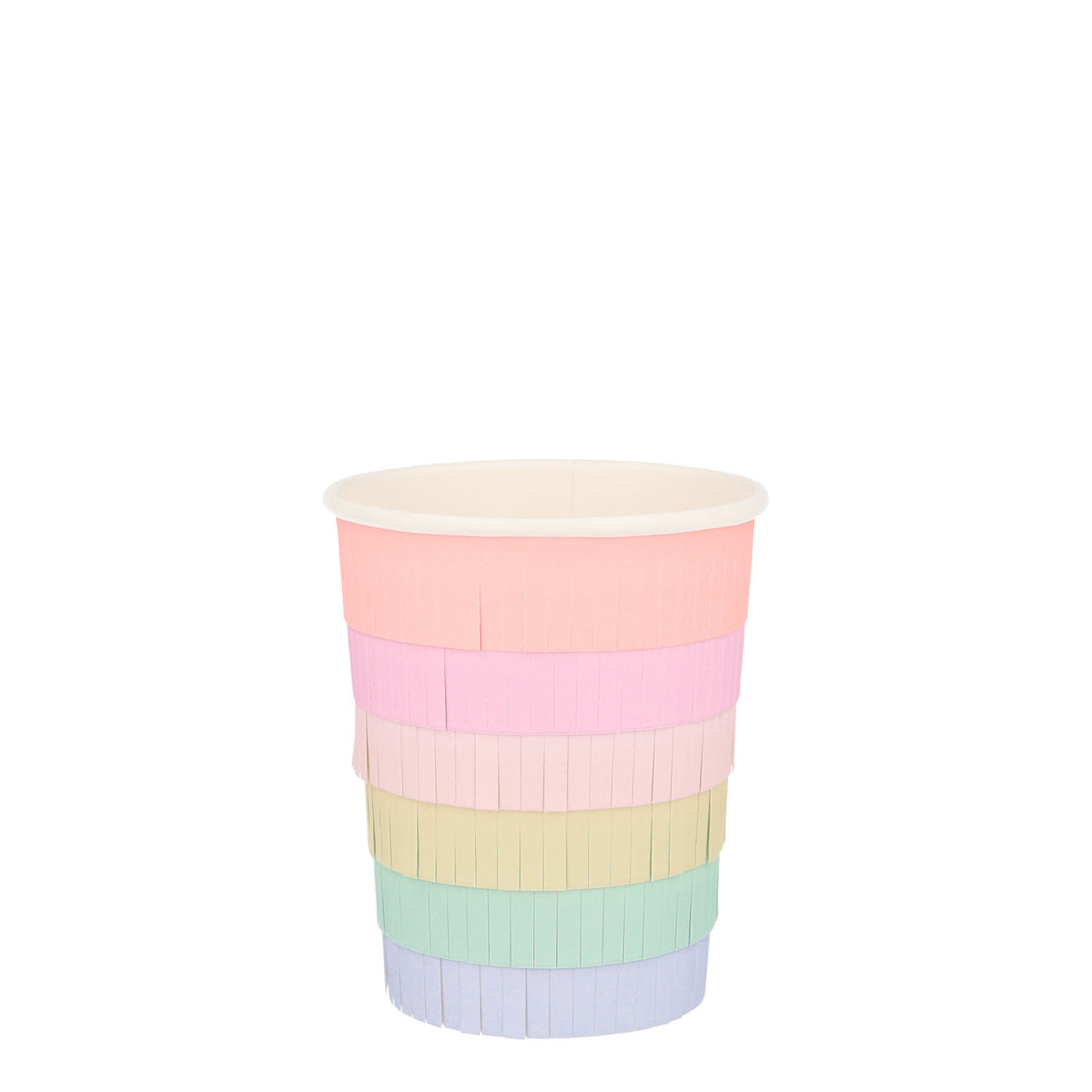 Meri Meri rainbow fringe party cup with pastel pink, yellow, green, and purple paper layers for birthday celebrations.