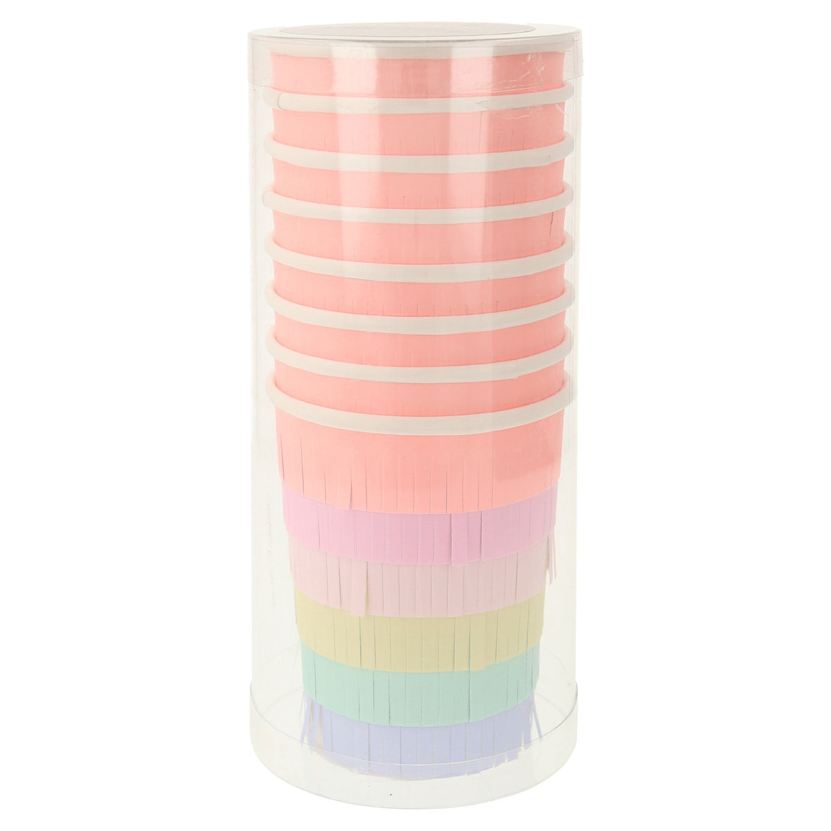 Stacked Meri Meri rainbow sun party cups with colorful fringe in a clear plastic cylinder for birthday party decorations.