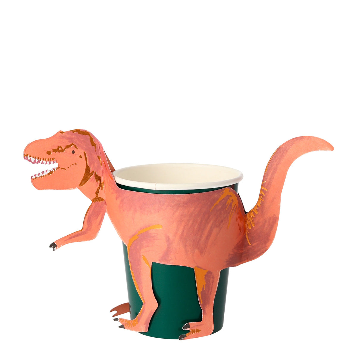 Meri Meri T-Rex party cup featuring a green paper cup with an orange dinosaur sleeve and tail for dinosaur themed parties.