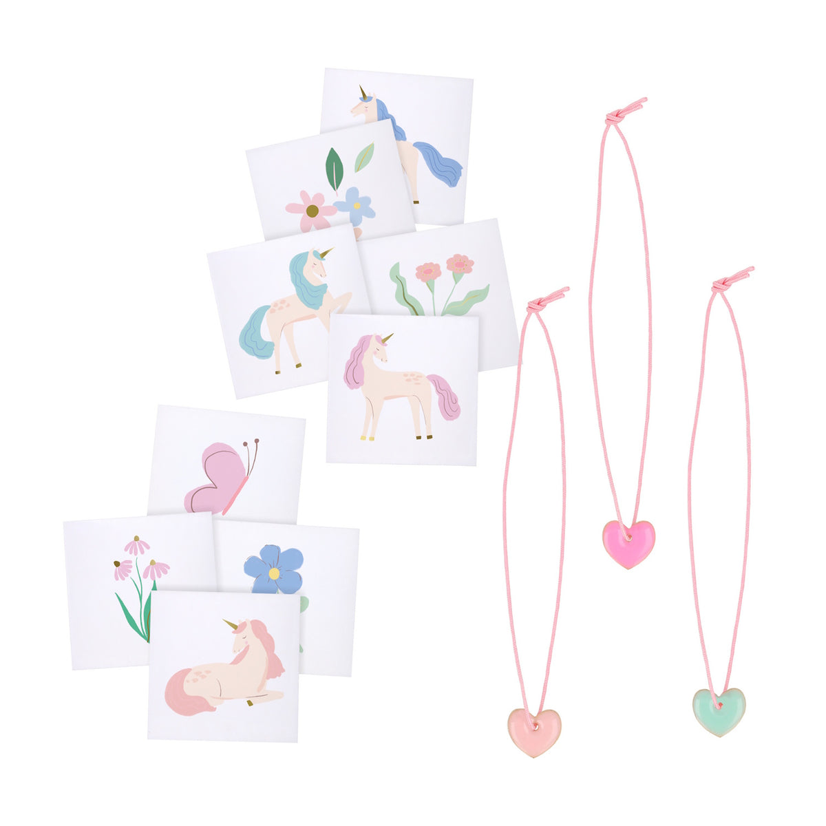 Unicorn and flower stickers with heart charm necklaces, colorful party favors for children's surprise balls.