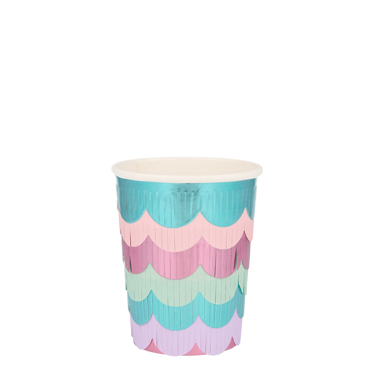 A pastel paper party cup decorated with colorful, scalloped fringe layers on a plain white background.