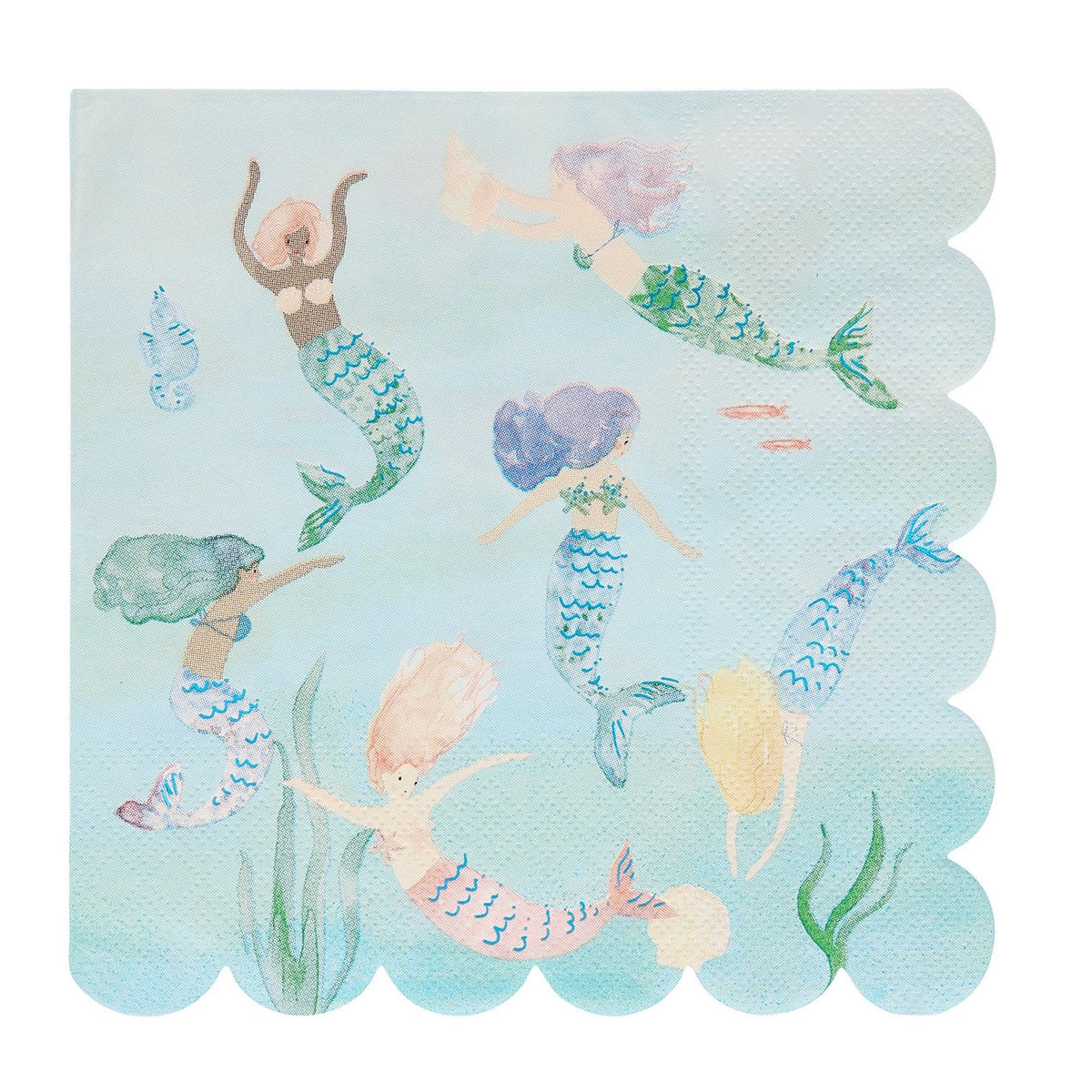 Light blue paper napkin with scalloped edges featuring colorful illustrations of swimming mermaids.