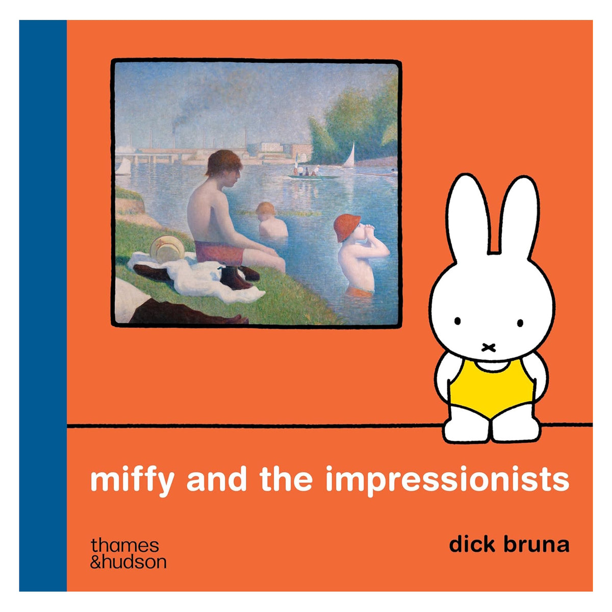 Cover of "Miffy and the Impressionists" features Miffy in a yellow swimsuit on an orange background, with an Impressionist painting of people by a river.