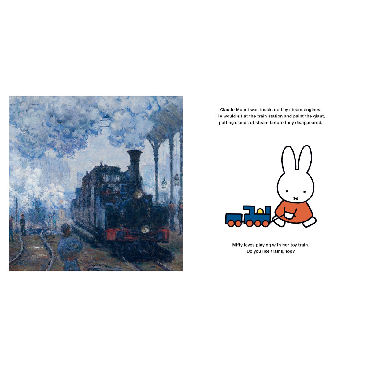 On the left, a Monet painting shows a steam train at a station, surrounded by swirling clouds of steam. On the right, an illustration of a white bunny named Miffy in an orange outfit, holding a toy train. Text discusses Monet's fascination with trains and Miffy's love for her toy train. The tone is whimsical and nostalgic.