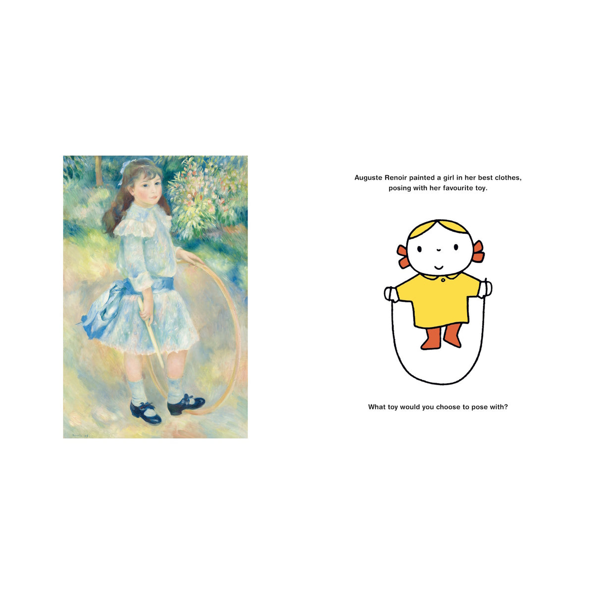 A young girl in a blue dress holds a hoop in a painting by Renoir, set in a lush garden. Beside her, a cartoon child skips rope with text: “What toy would you choose to pose with?” The mood is playful and nostalgic.