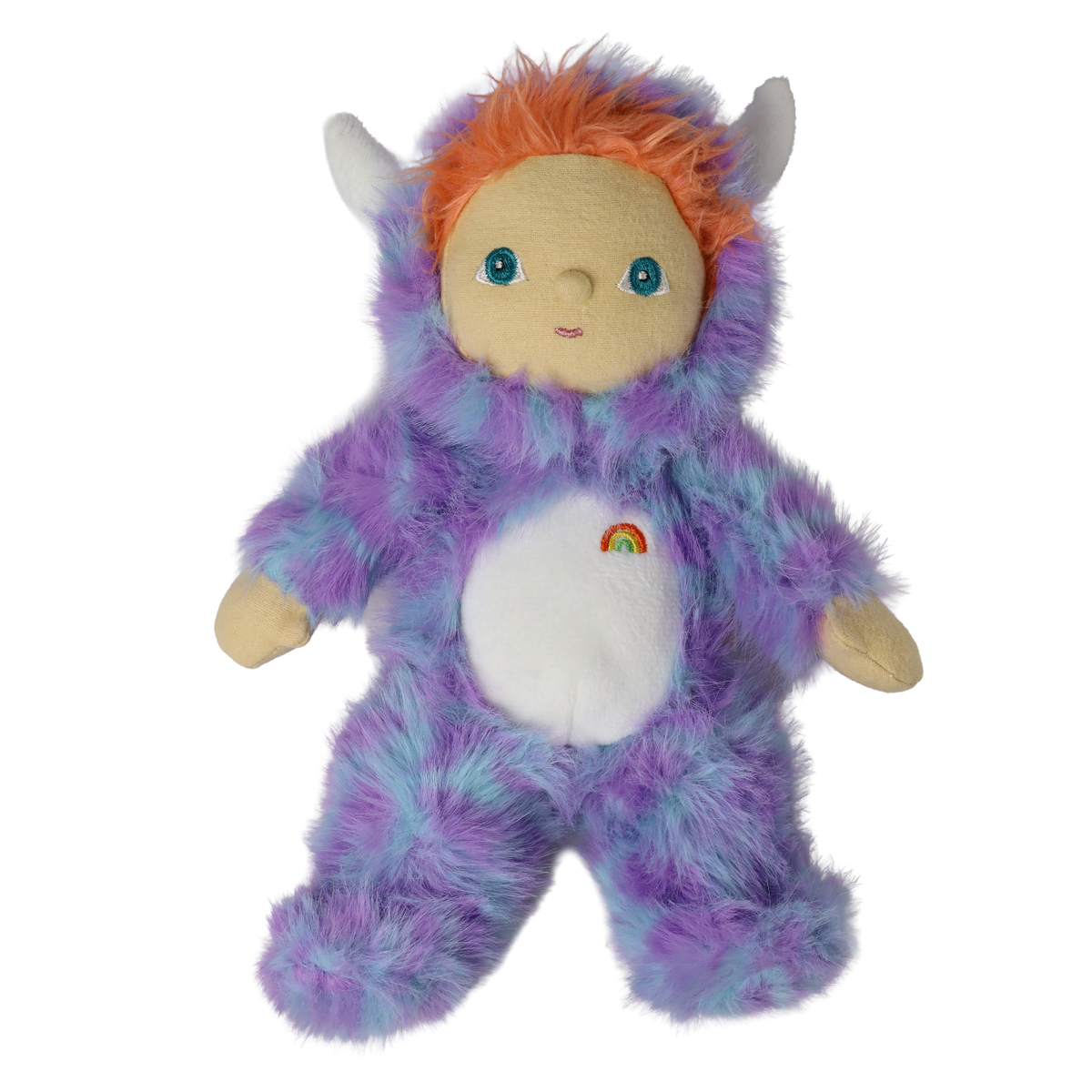 Plush doll standing in a fuzzy purple monster suit with white horns, orange hair, and a rainbow.