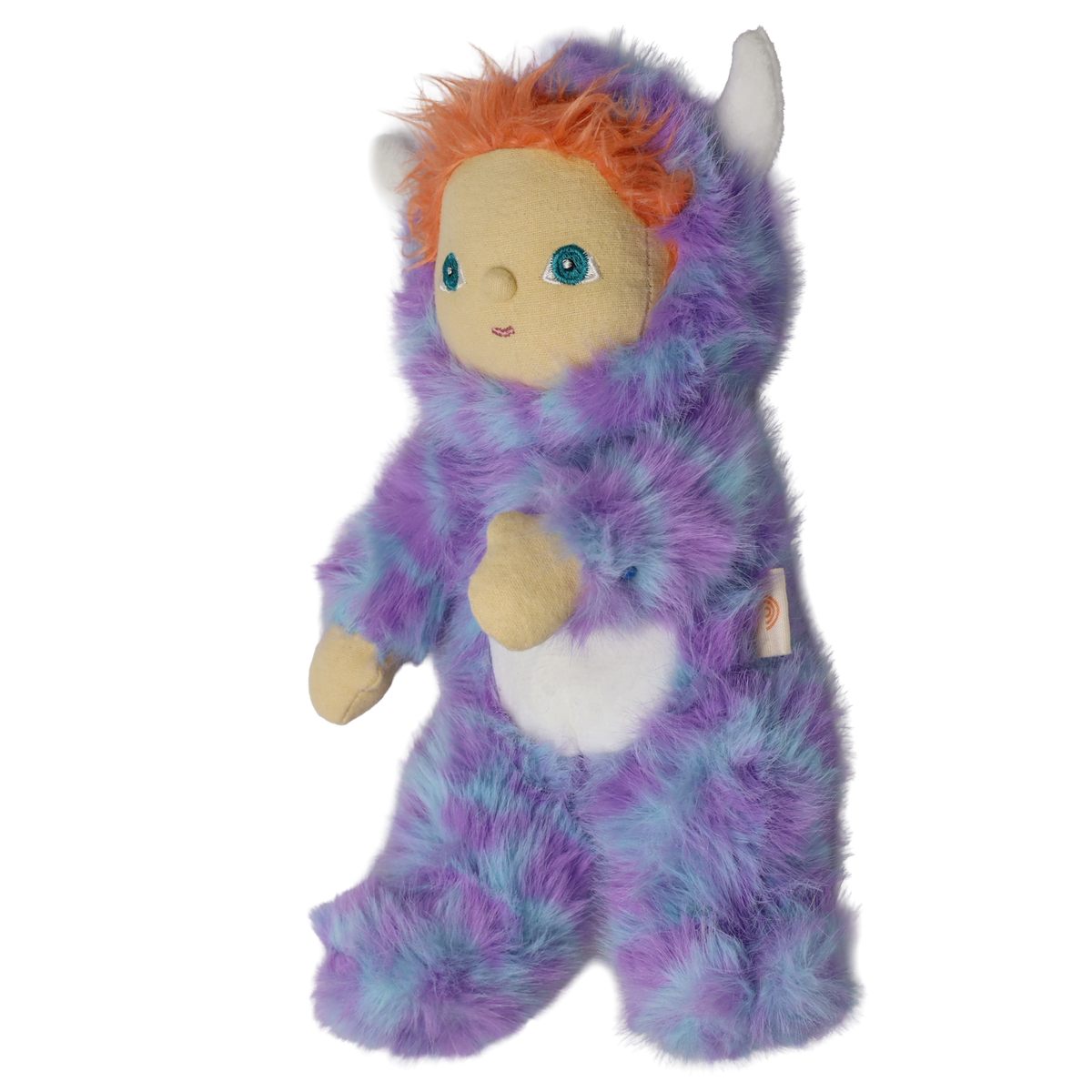 Side view of plush doll in a fuzzy purple monster suit with white horns and orange hair.