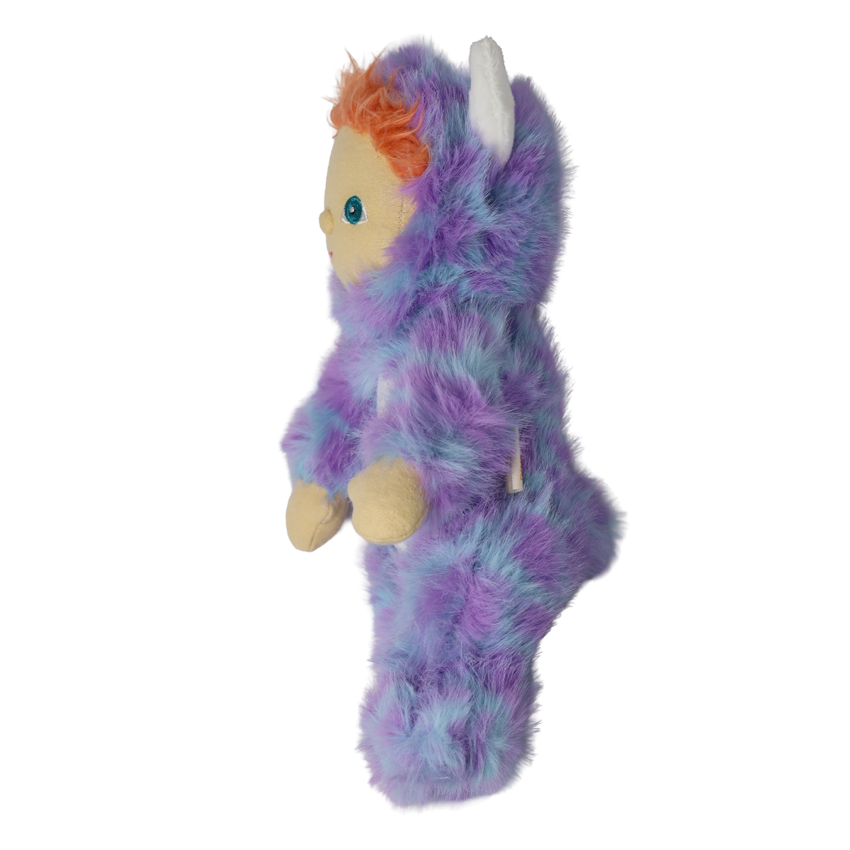 Profile view of a plush doll wearing a fuzzy purple monster costume with white horns and orange hair.