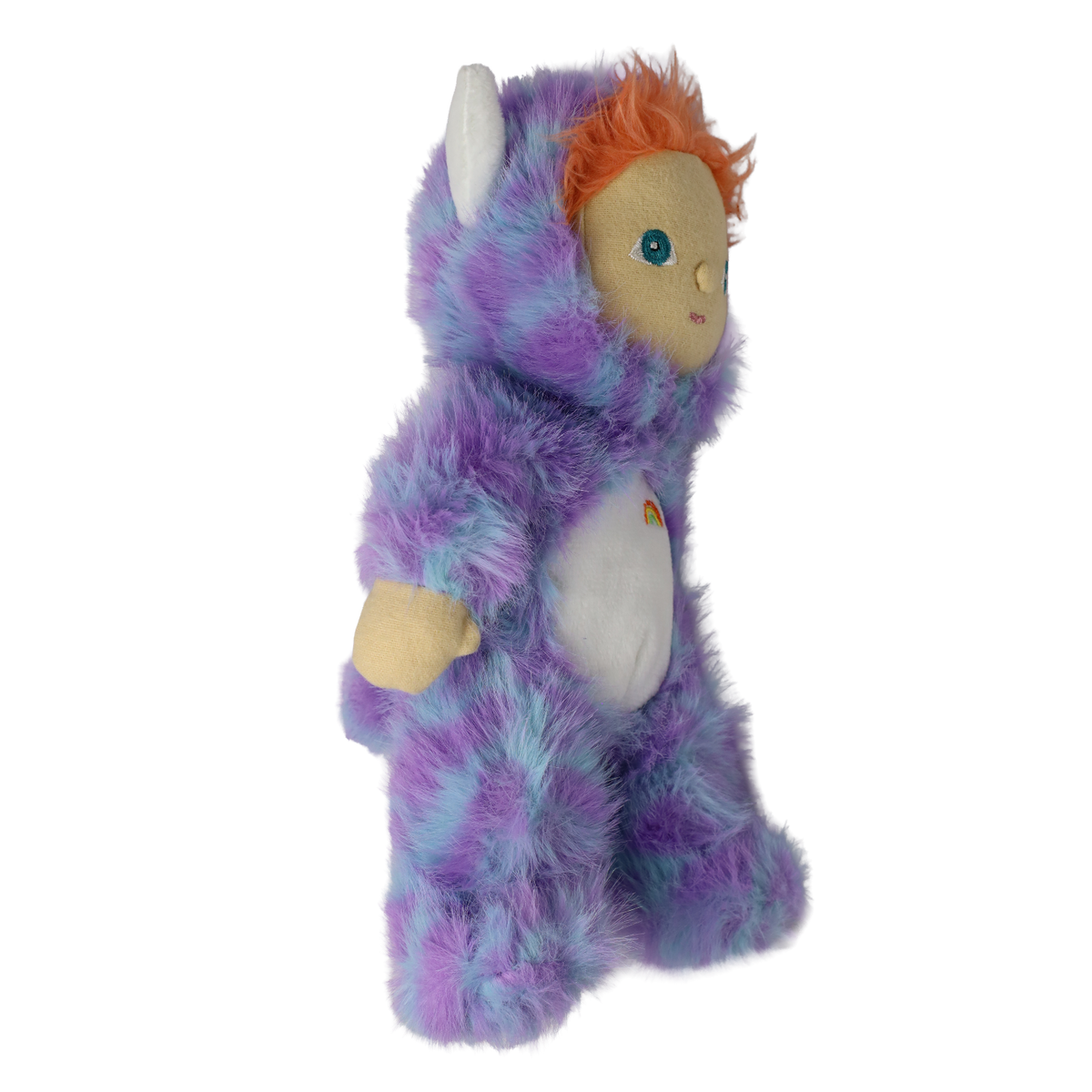 Profile view of plush doll in a fuzzy purple monster suit facing right with white horns and orange hair.