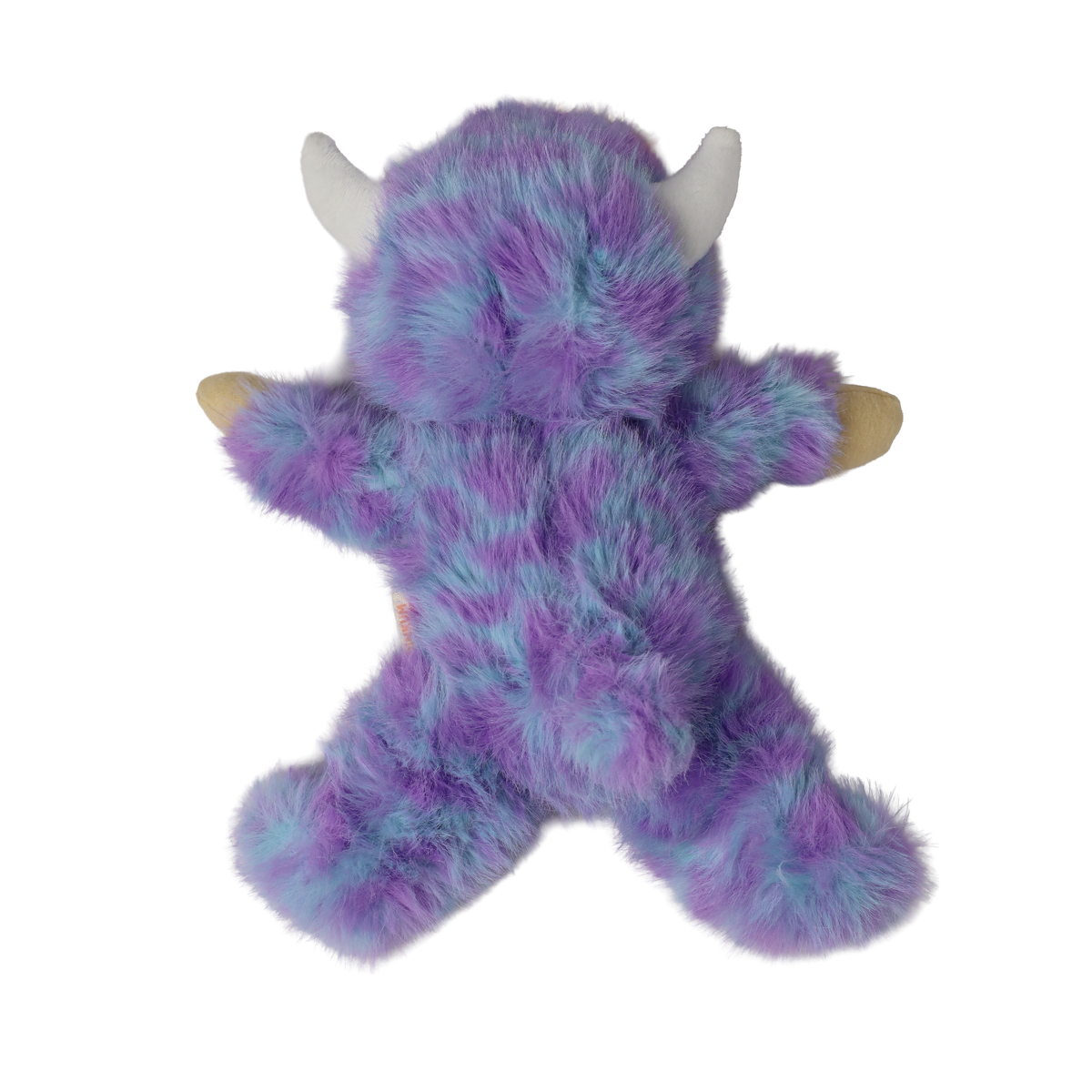 Back view of a plush doll in a fuzzy purple monster suit with white horns.