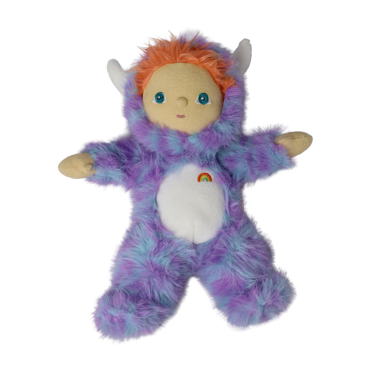 Front view of a plush doll in a fuzzy purple monster suit with arms spread and white horns.