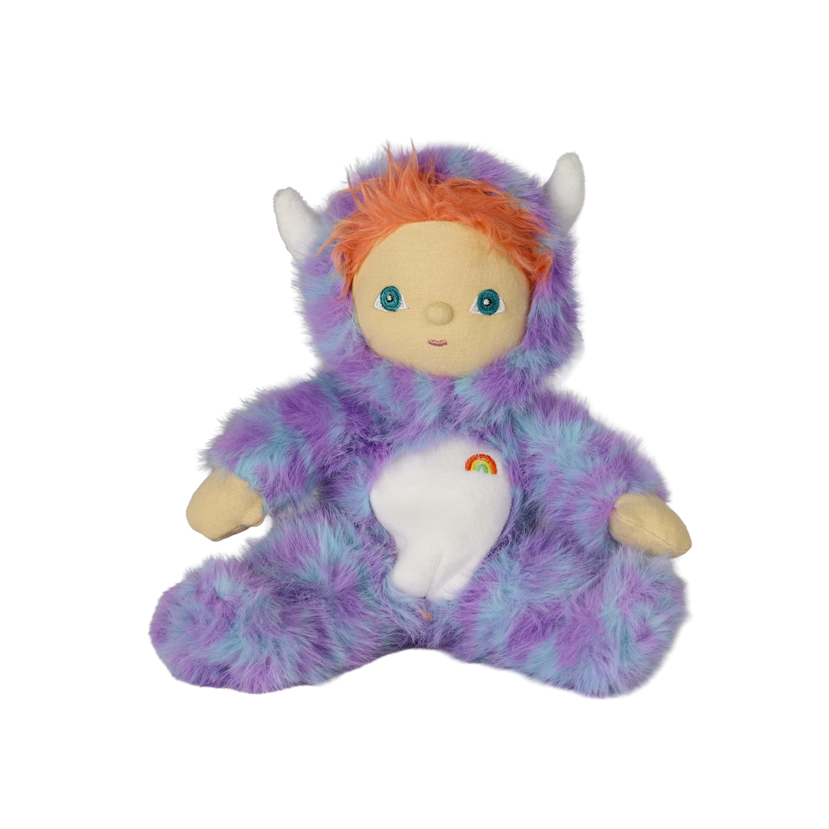 Seated plush doll in a fuzzy purple monster suit with white horns, orange hair, and a rainbow.