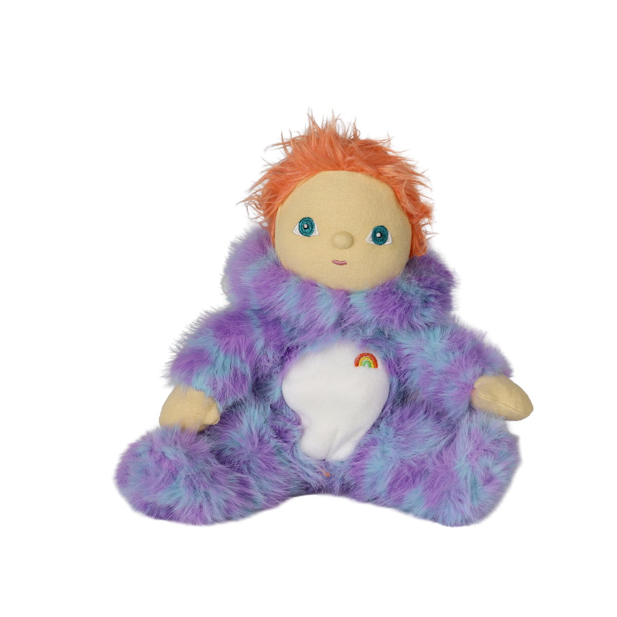 Seated plush doll with orange hair in a fuzzy purple suit with hood down, revealing no horns.