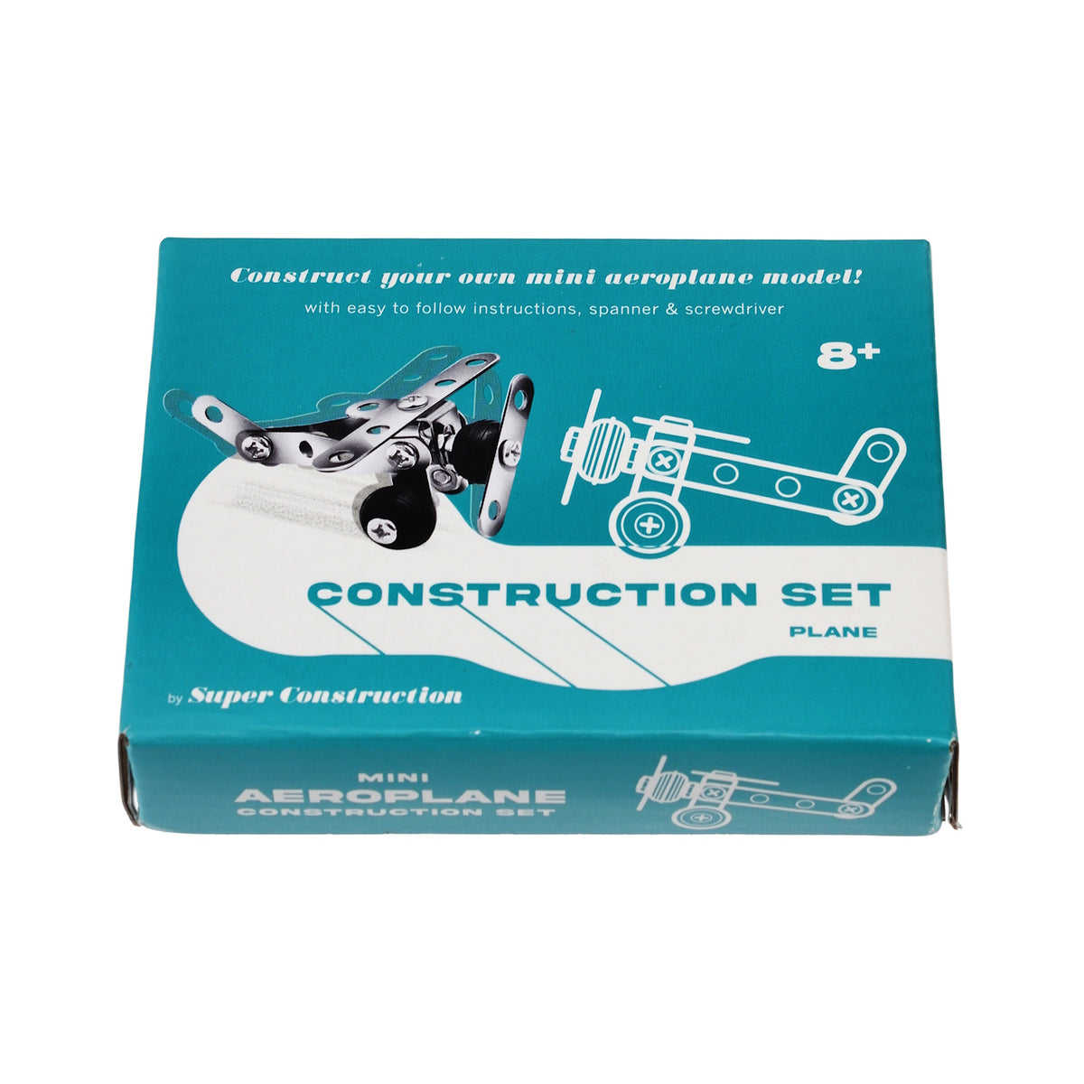 Turquoise box for a mini aeroplane construction kit, featuring metal parts, a spanner, and screwdriver. Suitable for ages 8 and up.