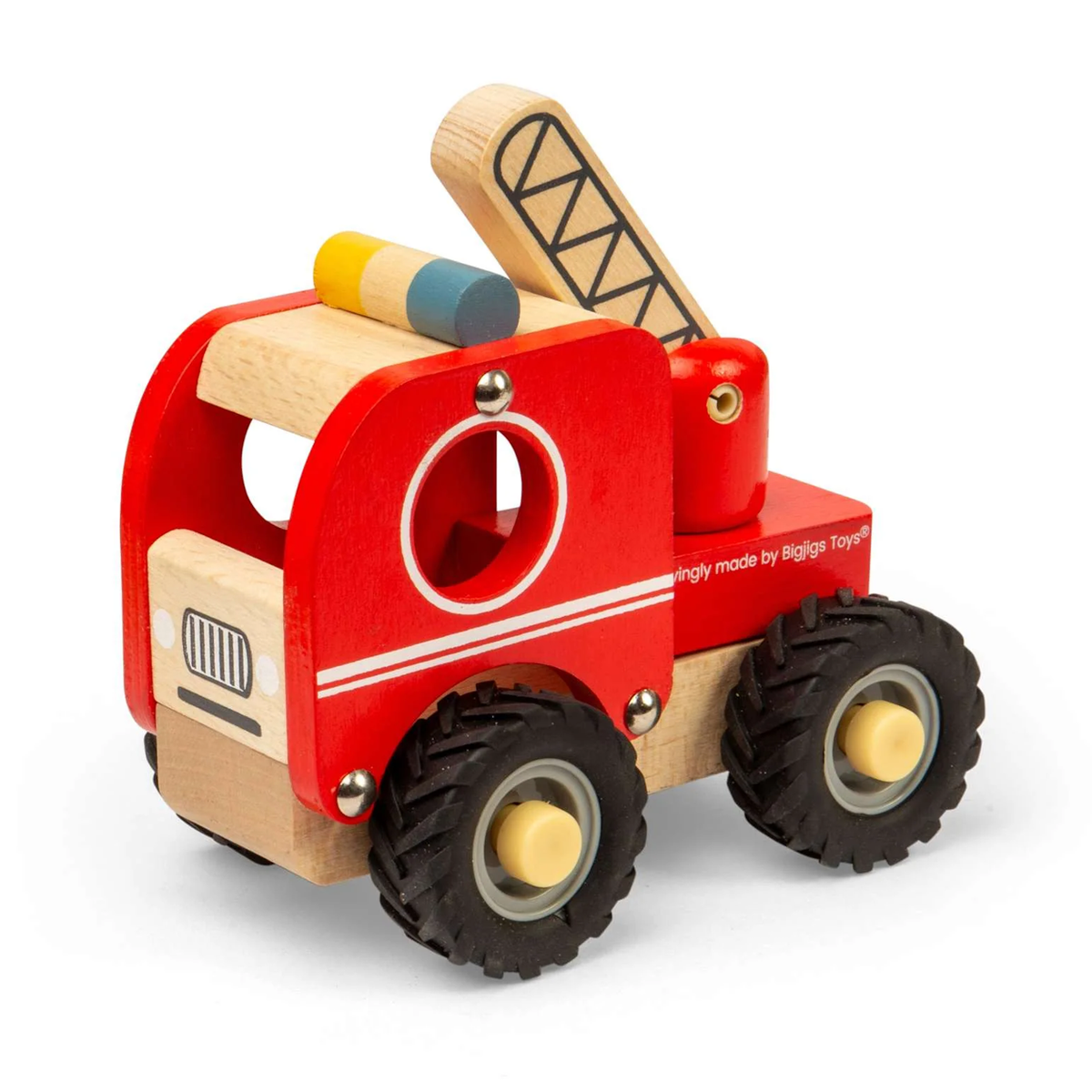 Red wooden toy fire truck with colorful ladder and black, textured wheels. The truck has a circular cutout for a window and striped details, conveying a playful, child-friendly design.