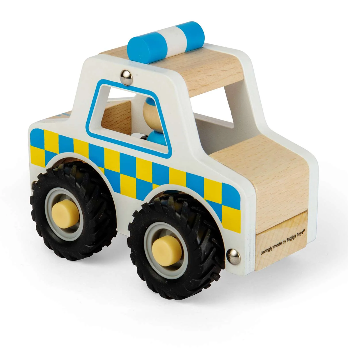 Wooden toy police car with blue and yellow checkered sides, black rubber wheels, and a light blue siren on top. It exudes a playful and sturdy feel.
