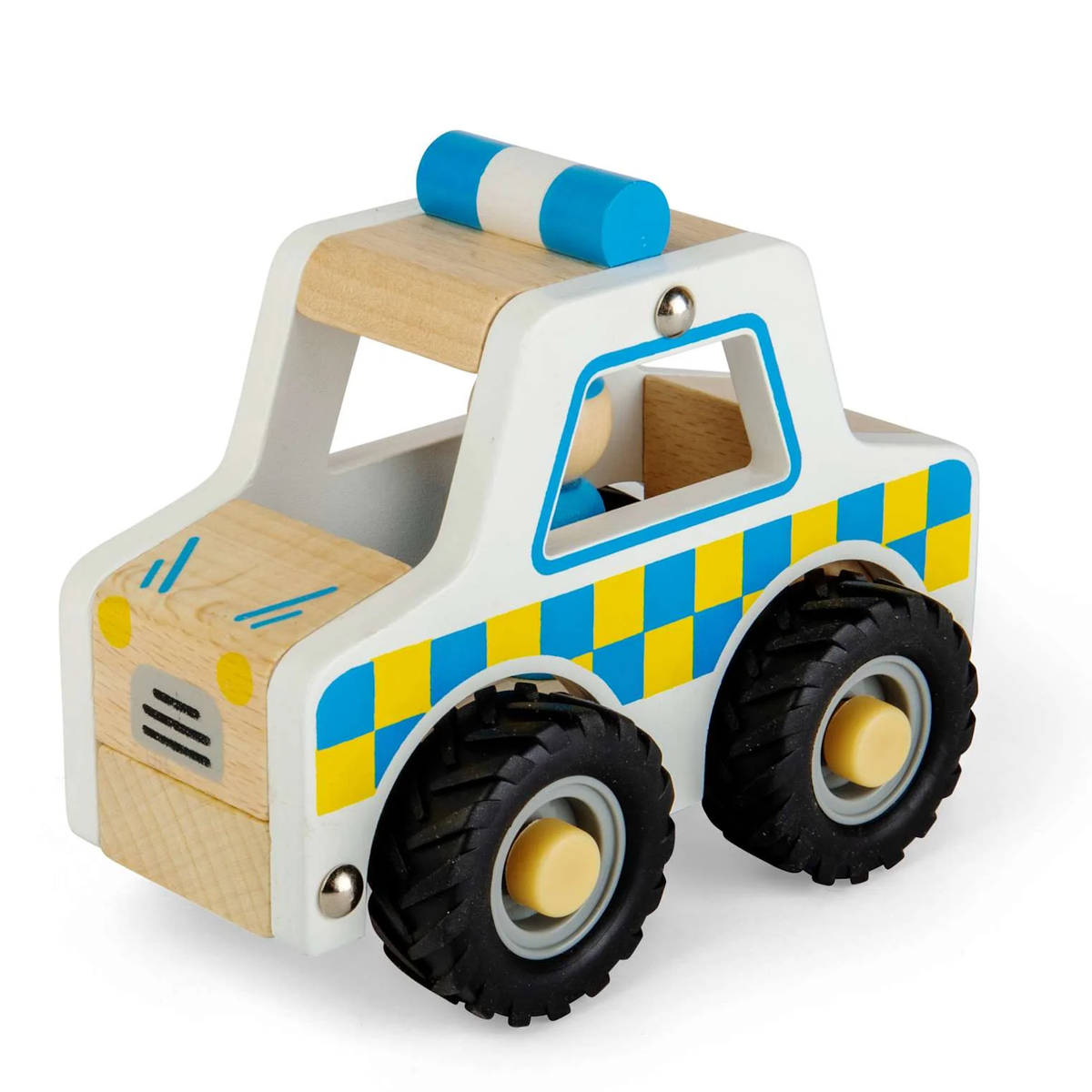 A wooden toy police car with blue and yellow checkered sides, a blue and white light bar on top, and black wheels. It has a simple, playful design.