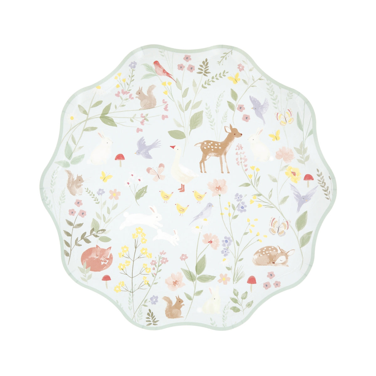 A wavy-edged pastel green paper plate featuring a delicate woodland animal and wildflower pattern.