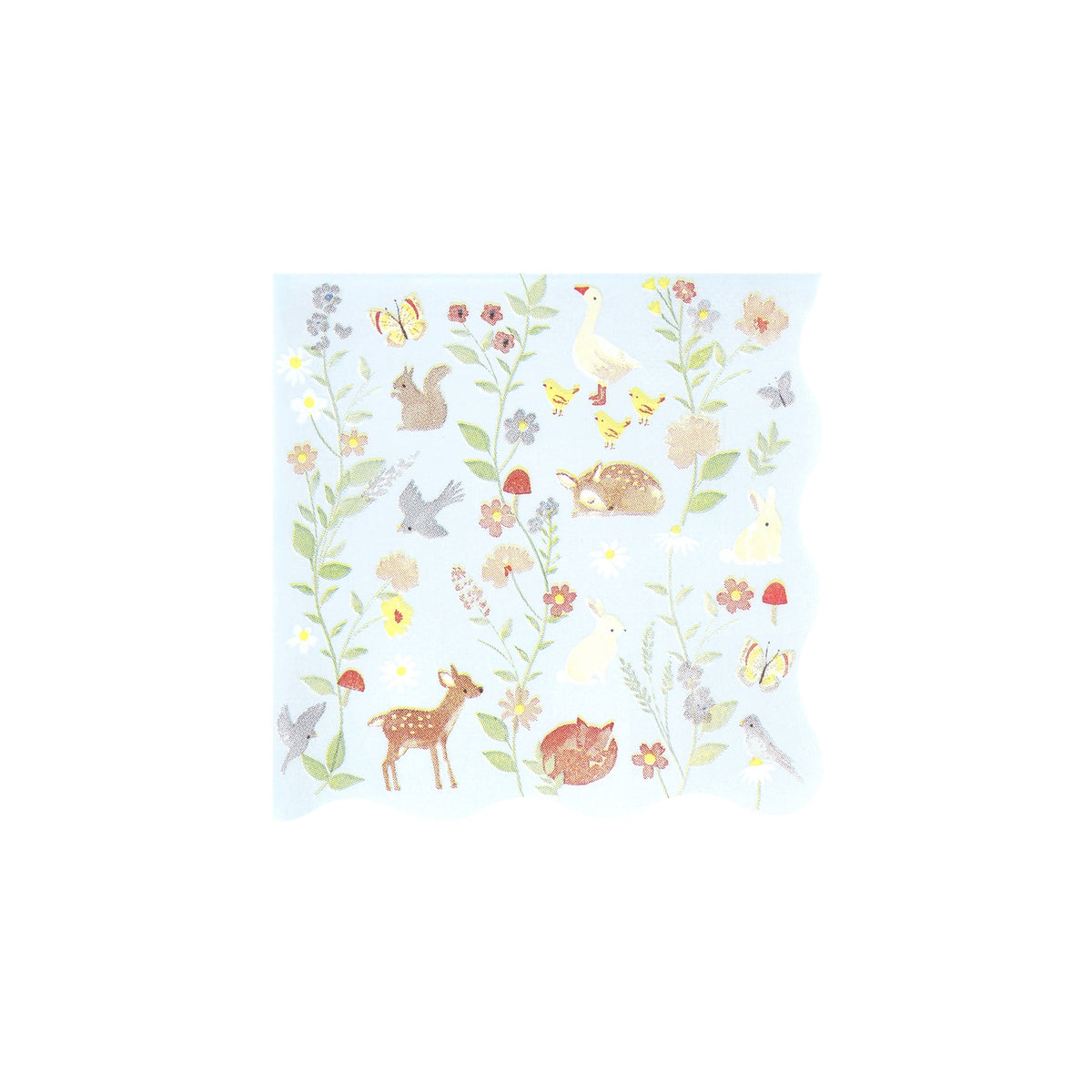 Light blue napkin with a pattern of woodland animals, birds, butterflies, and wildflowers.