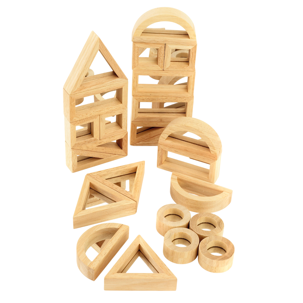 A set of wooden building blocks with mirrored centers, designed to stimulate visual perception, creativity, and block play exploration.