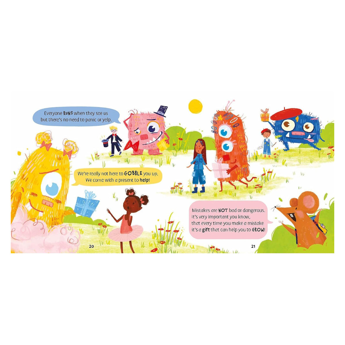 Children's book spread showing kids receiving gifts from friendly colorful monsters in a field.