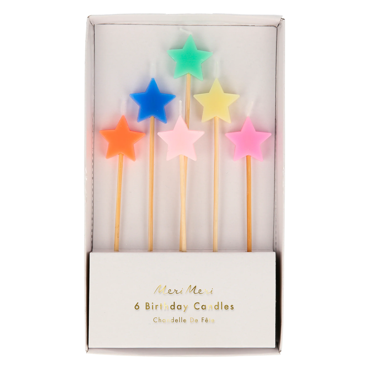 Boxed set of six Meri Meri star-shaped birthday candles on long wooden sticks in colorful pastel shades.
