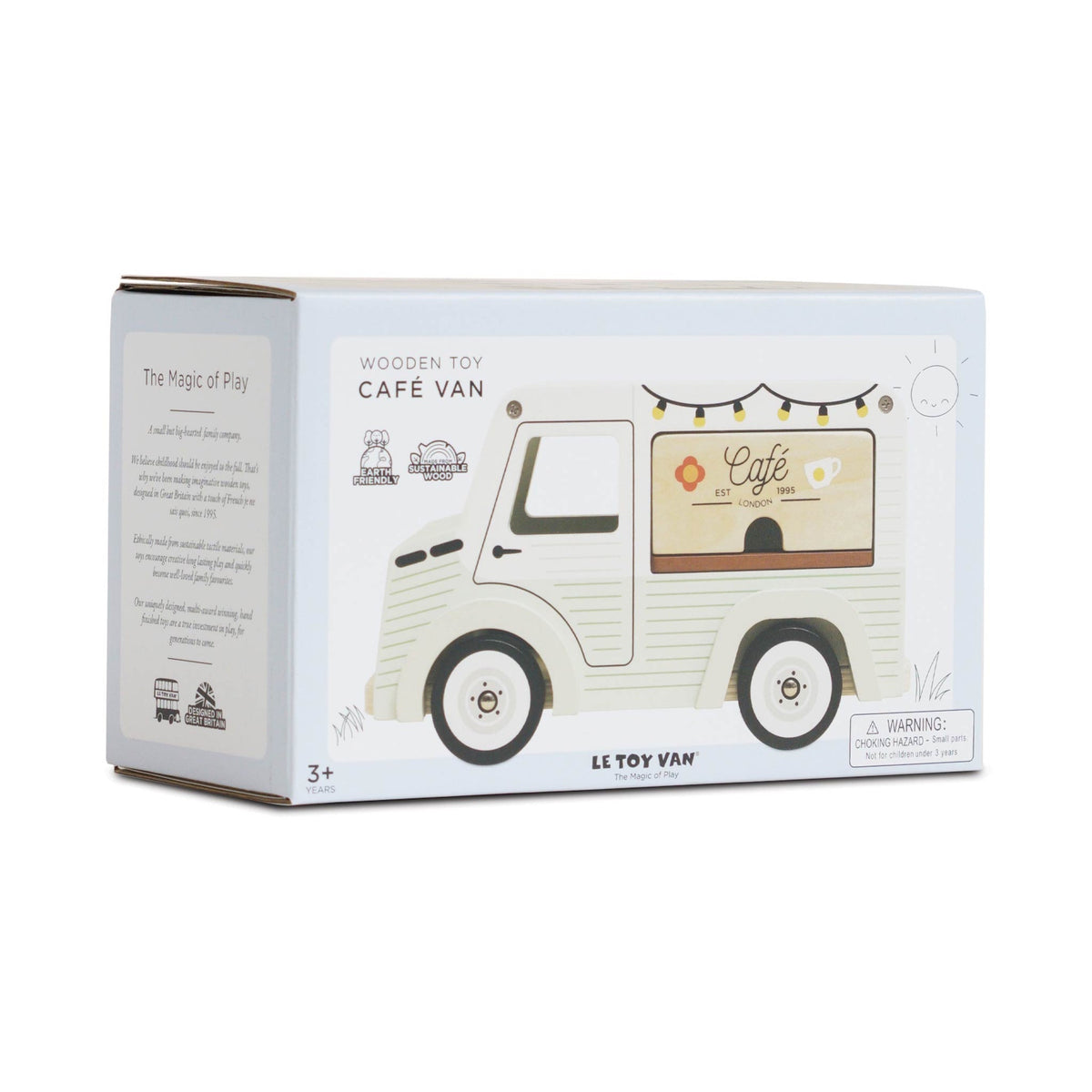Packaging box for a Le Toy Van wooden cafe van toy with product details on the front.