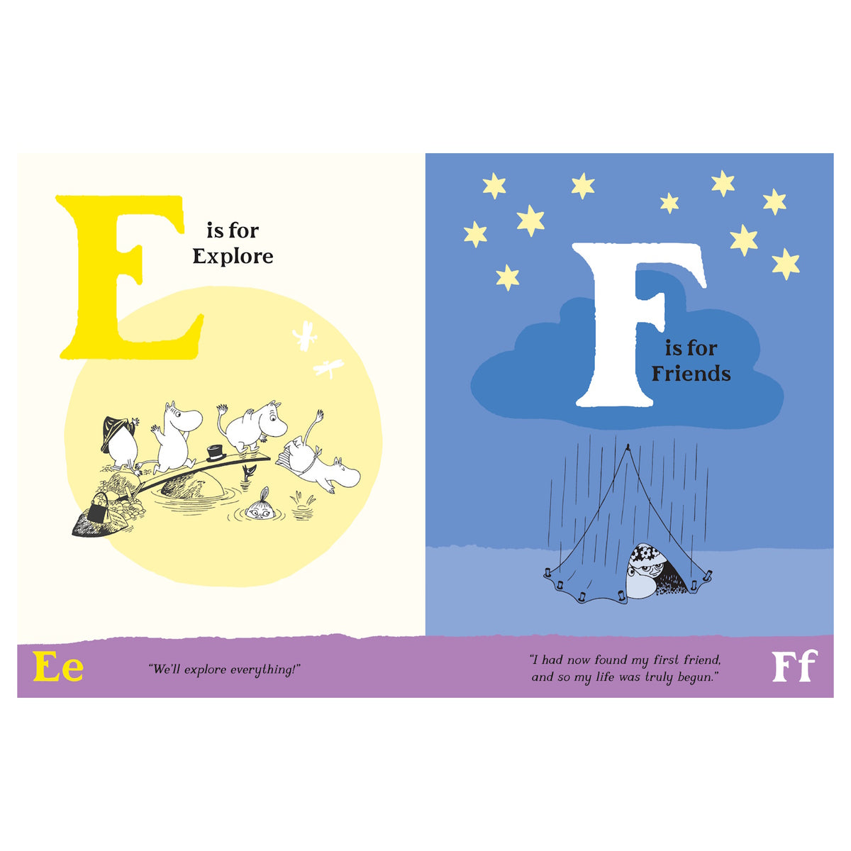 Inside pages of The Moomin ABC book: E is for Explore with Moomins and F is for Friends with a tent under stars.