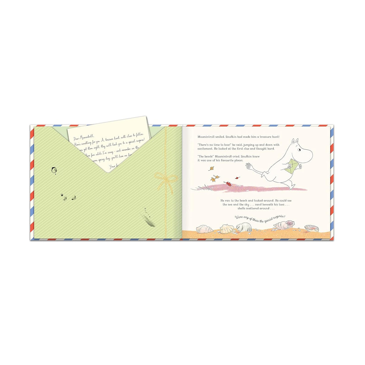 Open pages of Moomin Mail book featuring a letter from Snufkin and Moomintroll running on a beach with seashells.