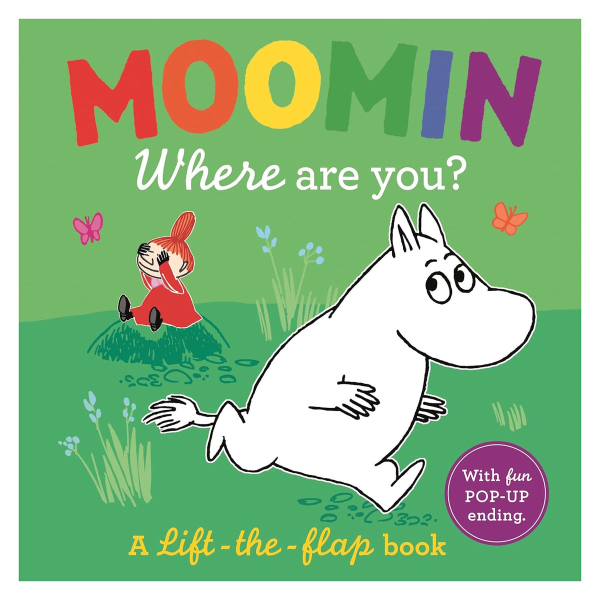 Cover of Moomin Where are you? lift-the-flap book featuring Moomintroll and Little My on a green background.