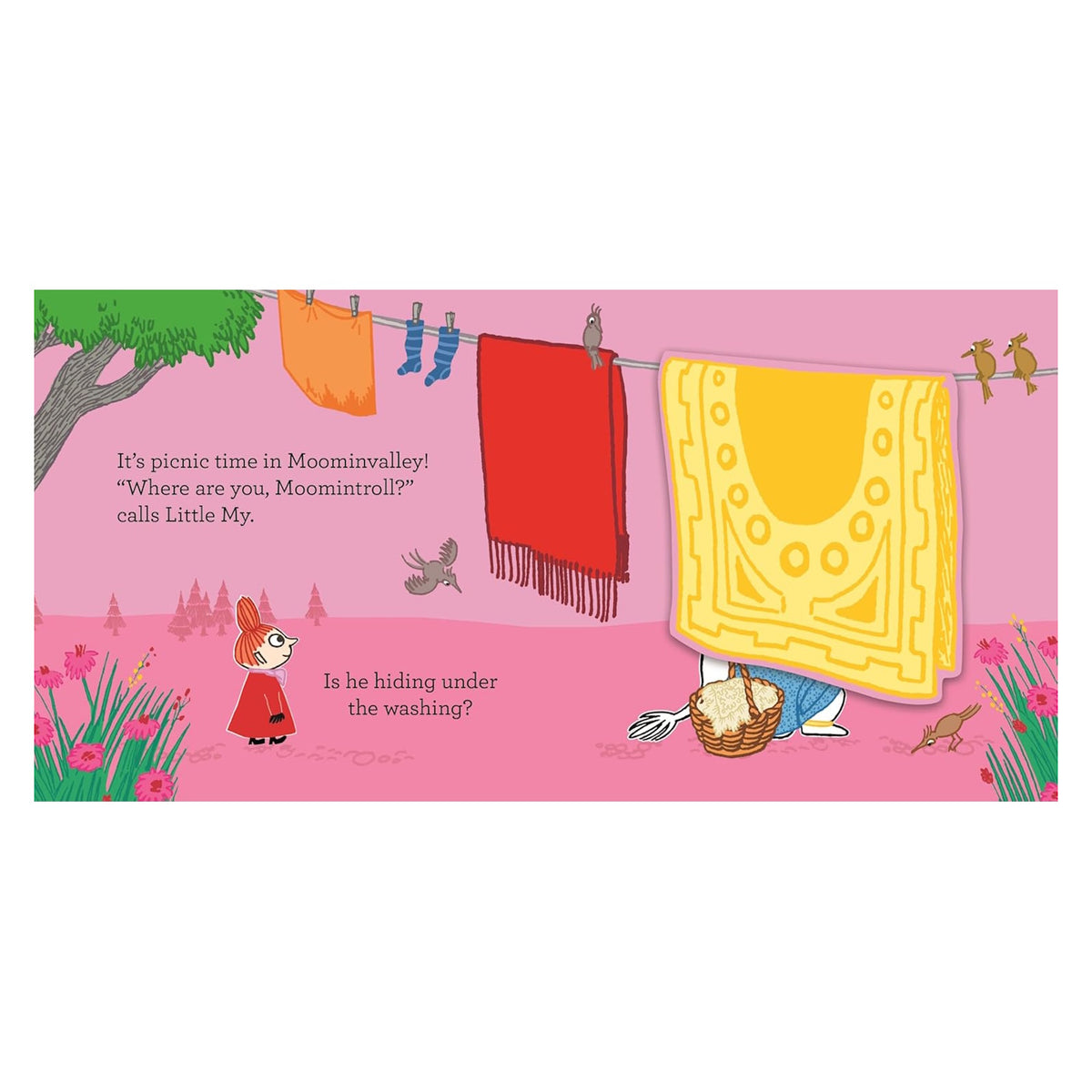 Little My looking at a character hiding behind a yellow blanket on a clothesline in Moominvalley.